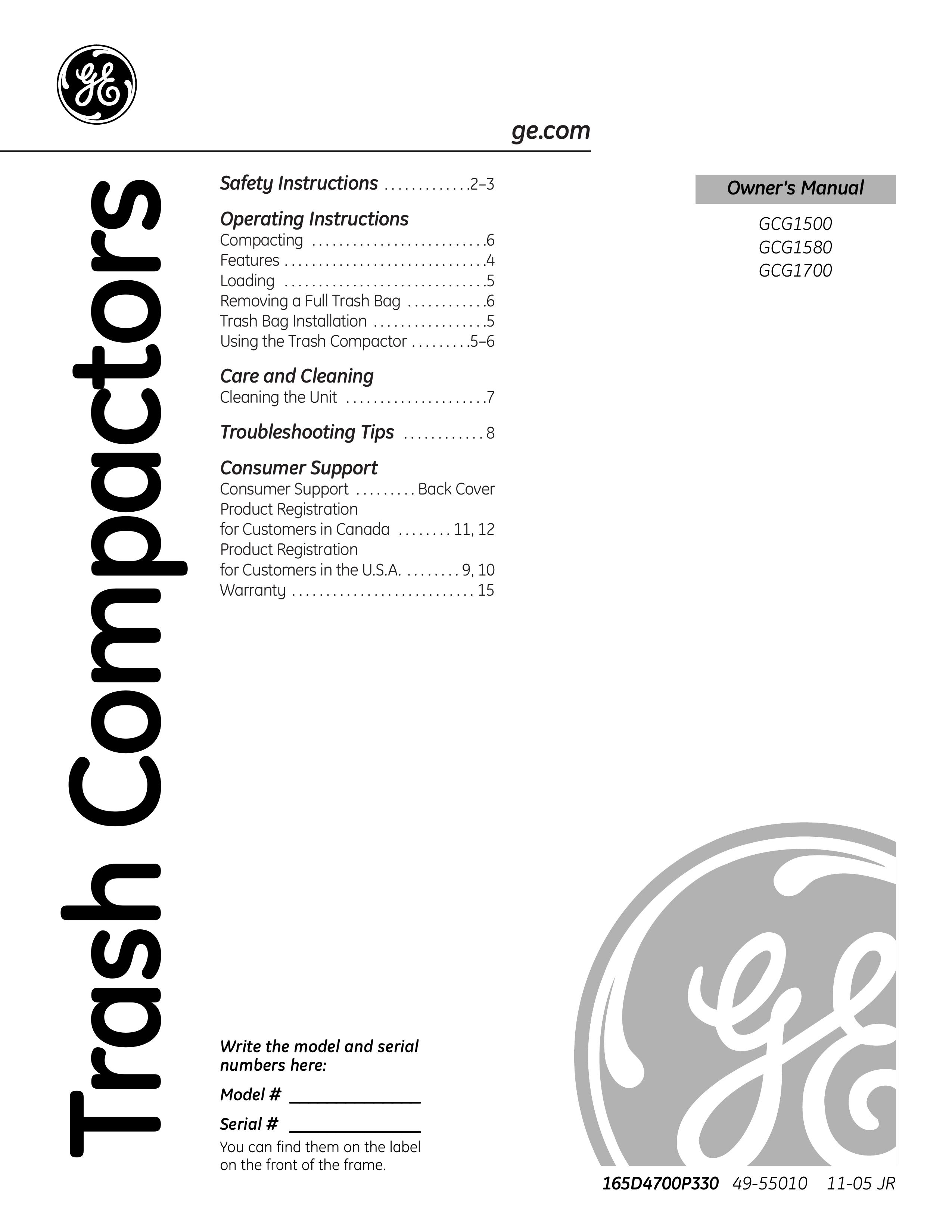GE GCG1500 Trash Compactor User Manual
