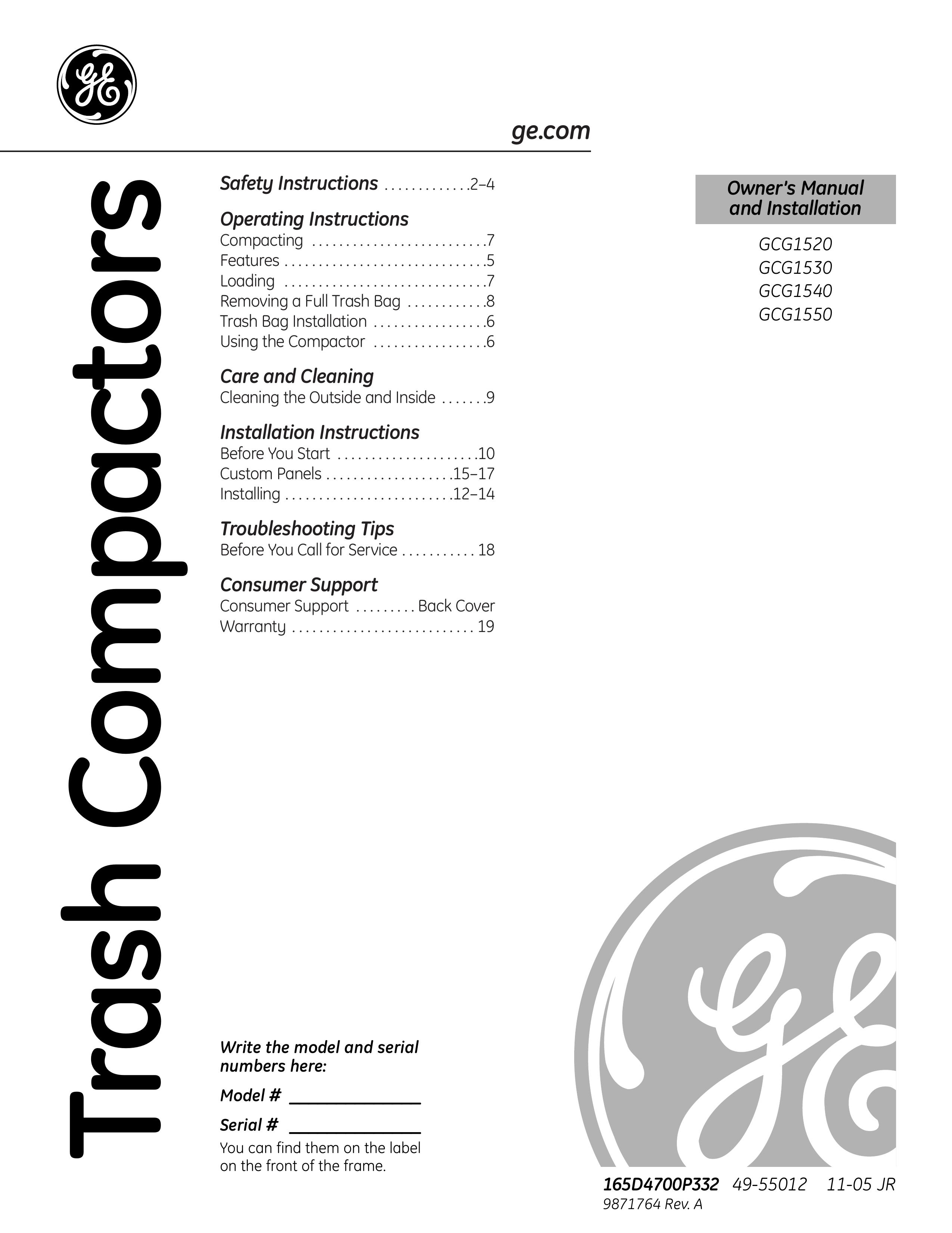 GE GCG1540 Trash Compactor User Manual