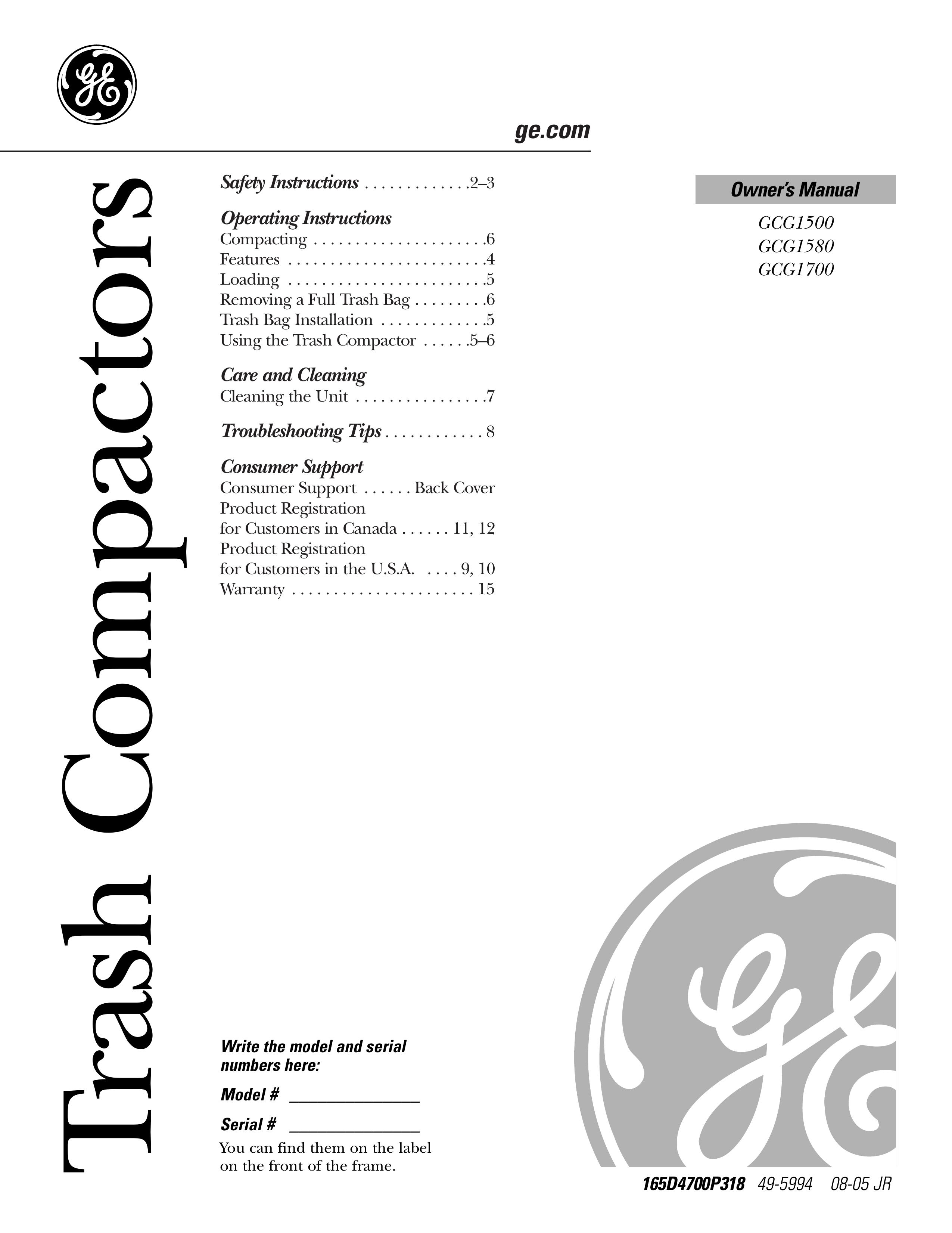 GE GCGI500 Trash Compactor User Manual
