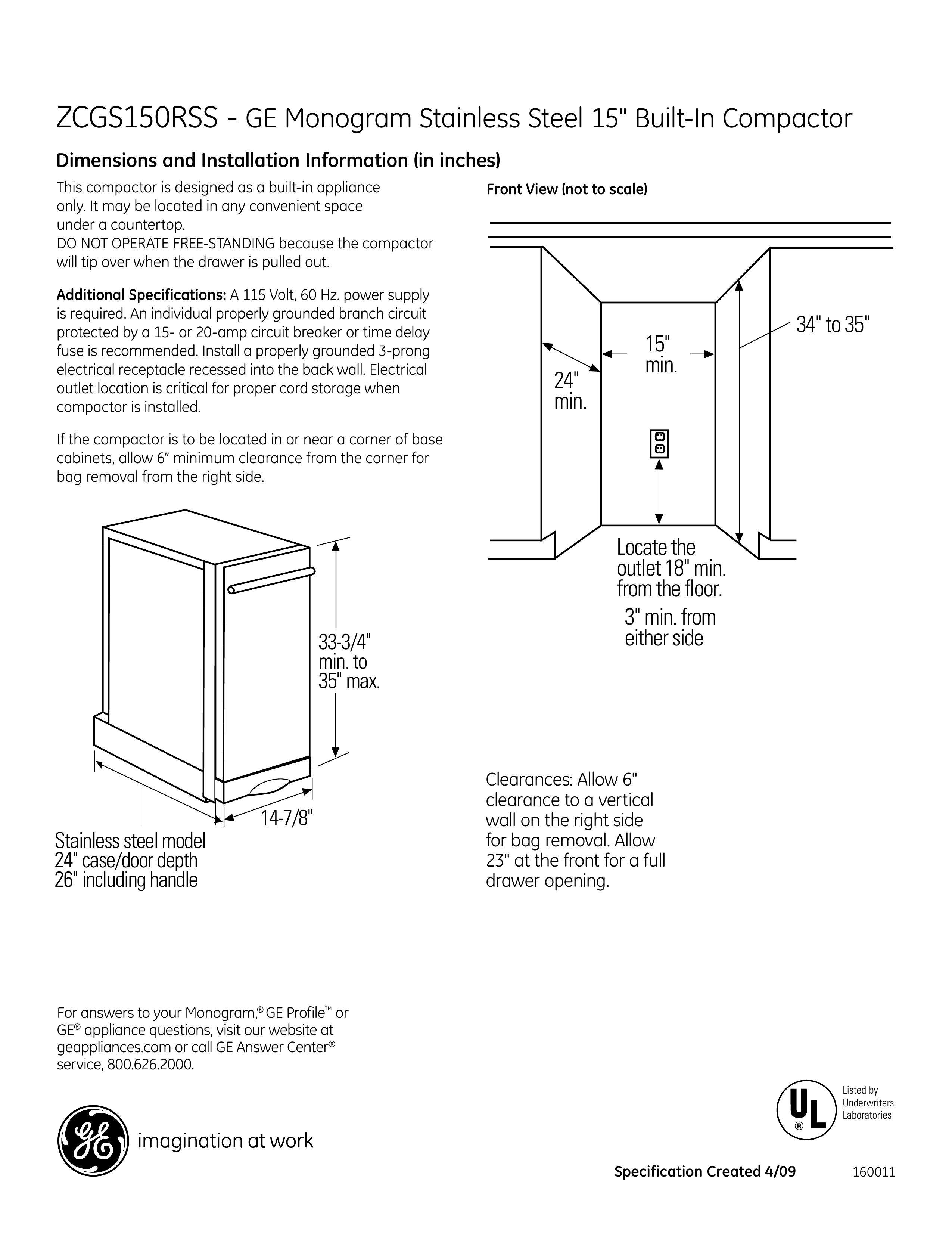 GE ZCGS150LSS Trash Compactor User Manual