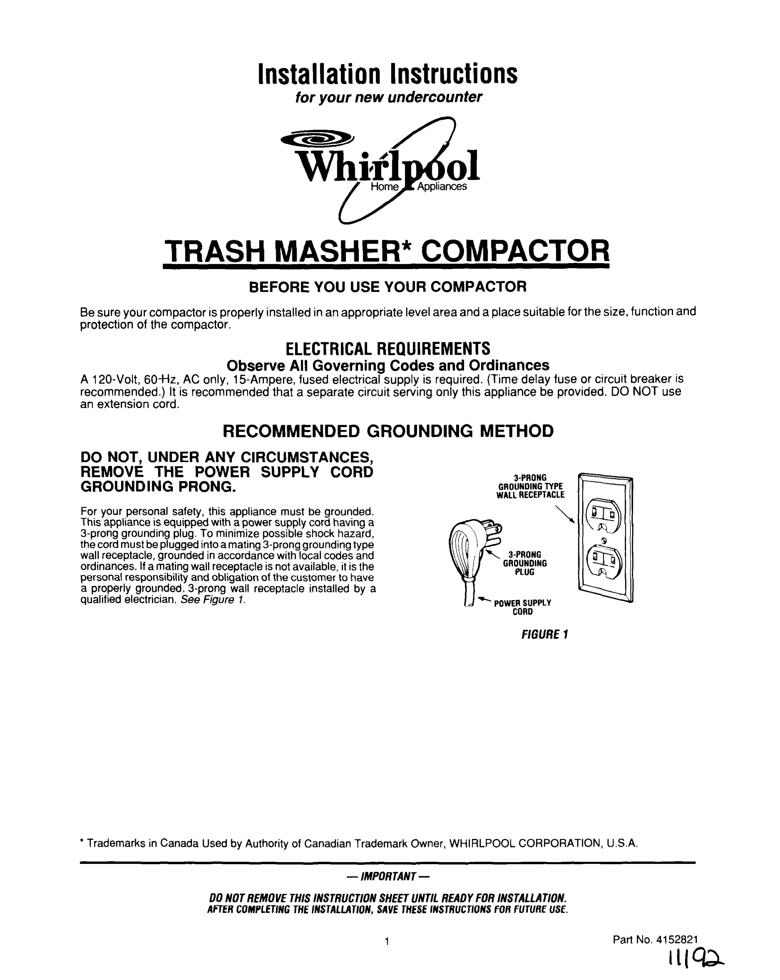 Whirlpool 4152821 Trash Compactor User Manual