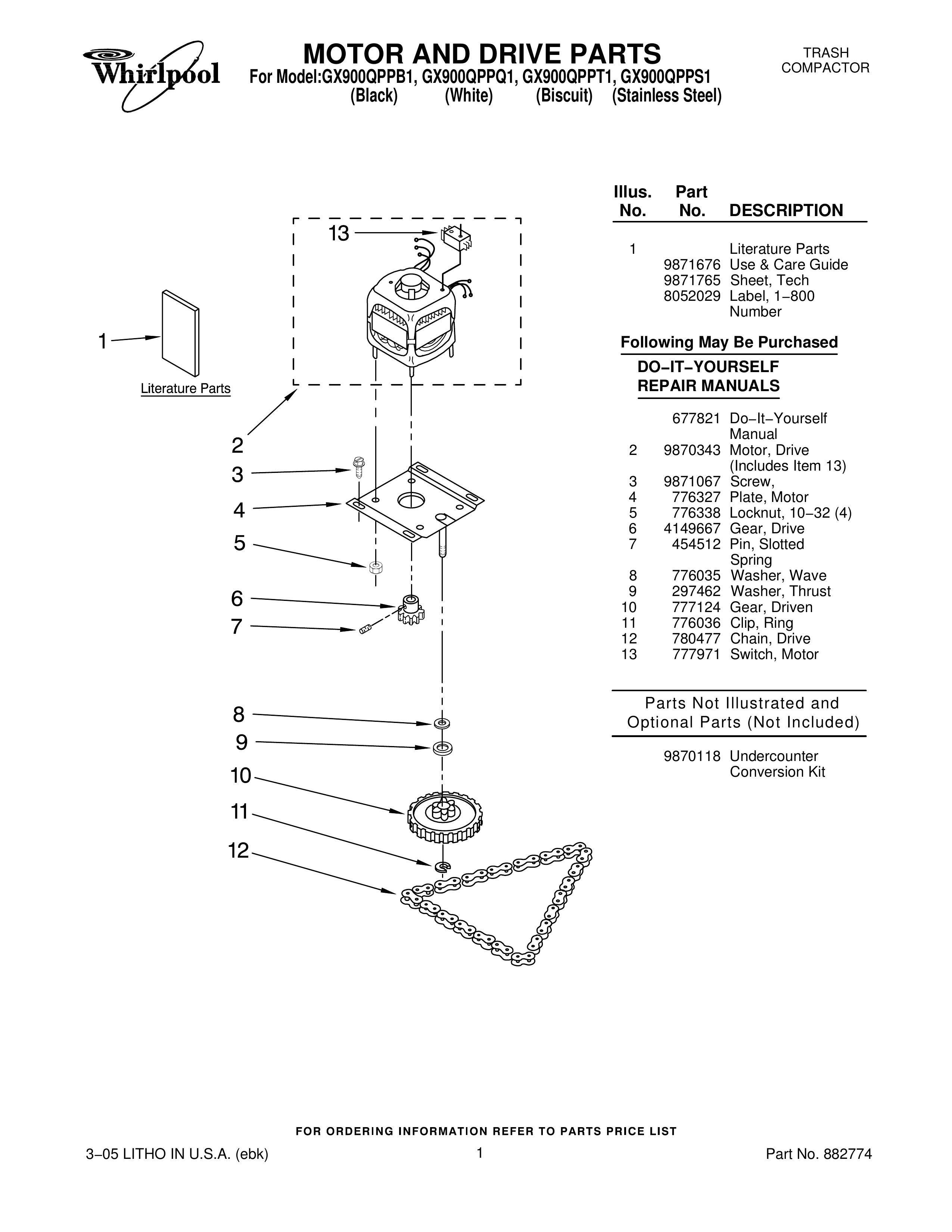 Whirlpool GX900QPPT1 Trash Compactor User Manual