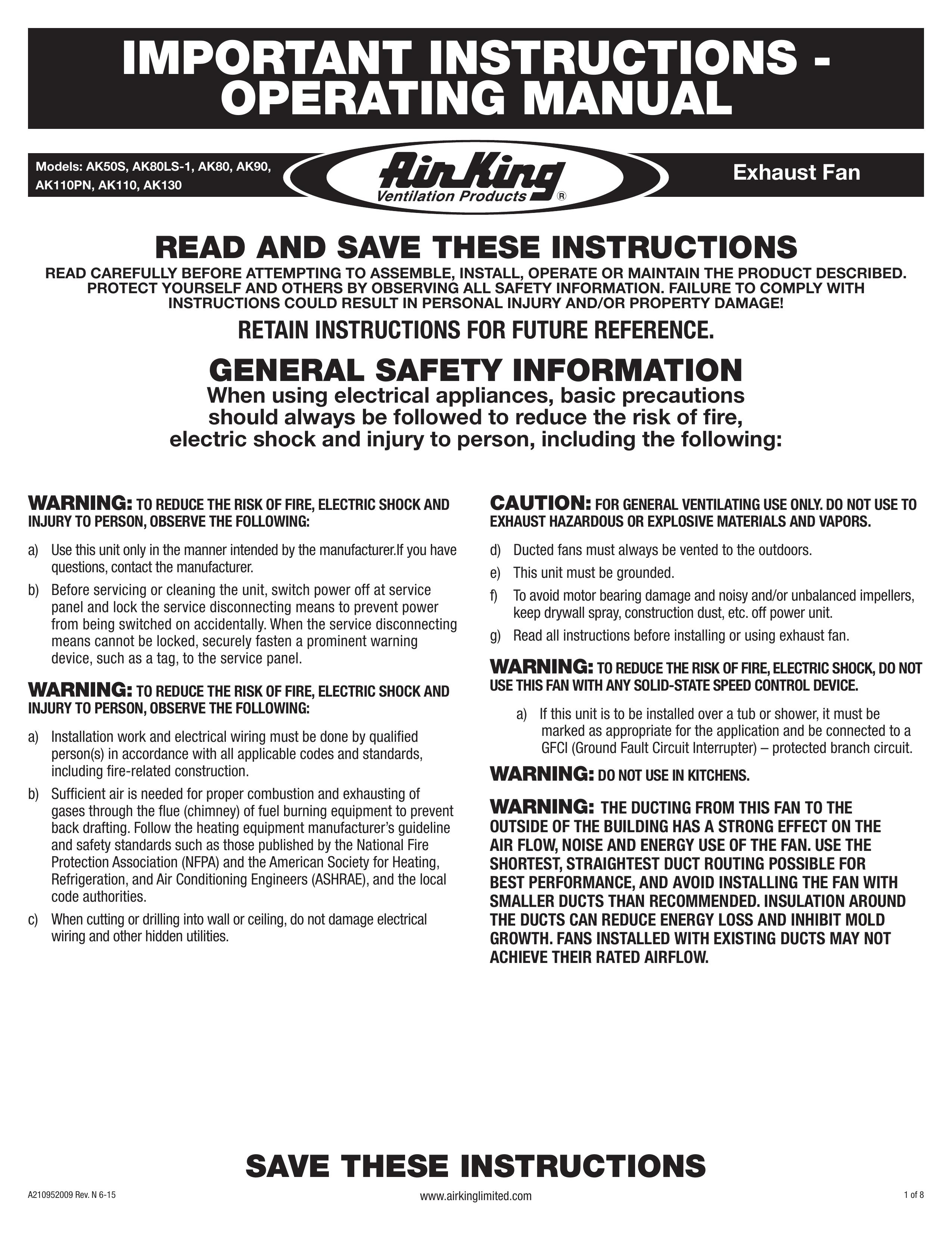 Air King AK130 Ventilation Hood User Manual