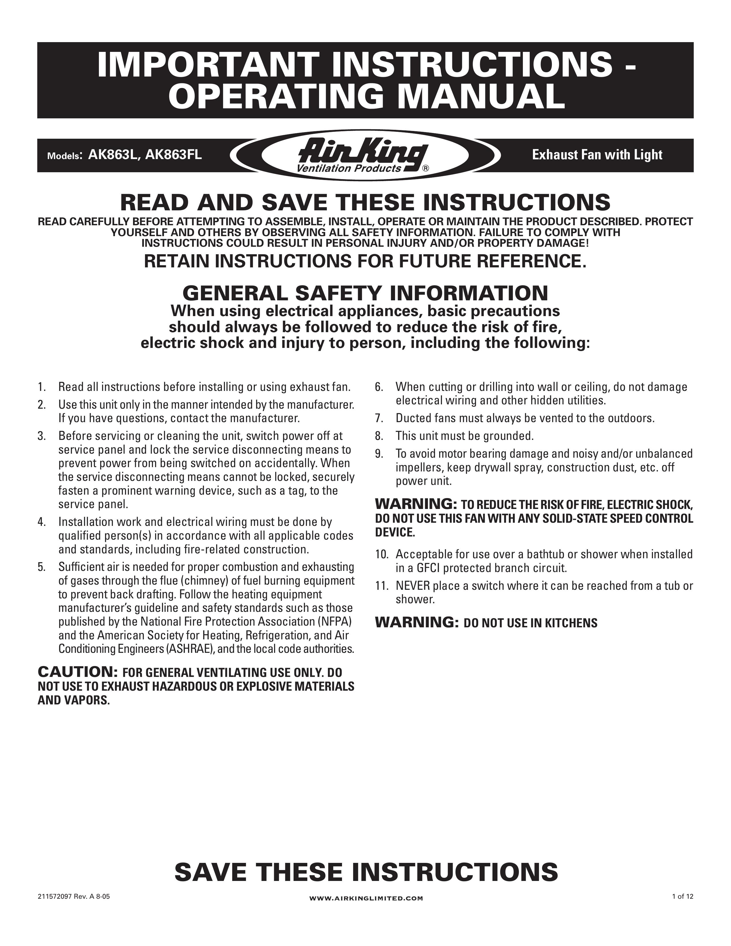 Air King AK863FL Ventilation Hood User Manual