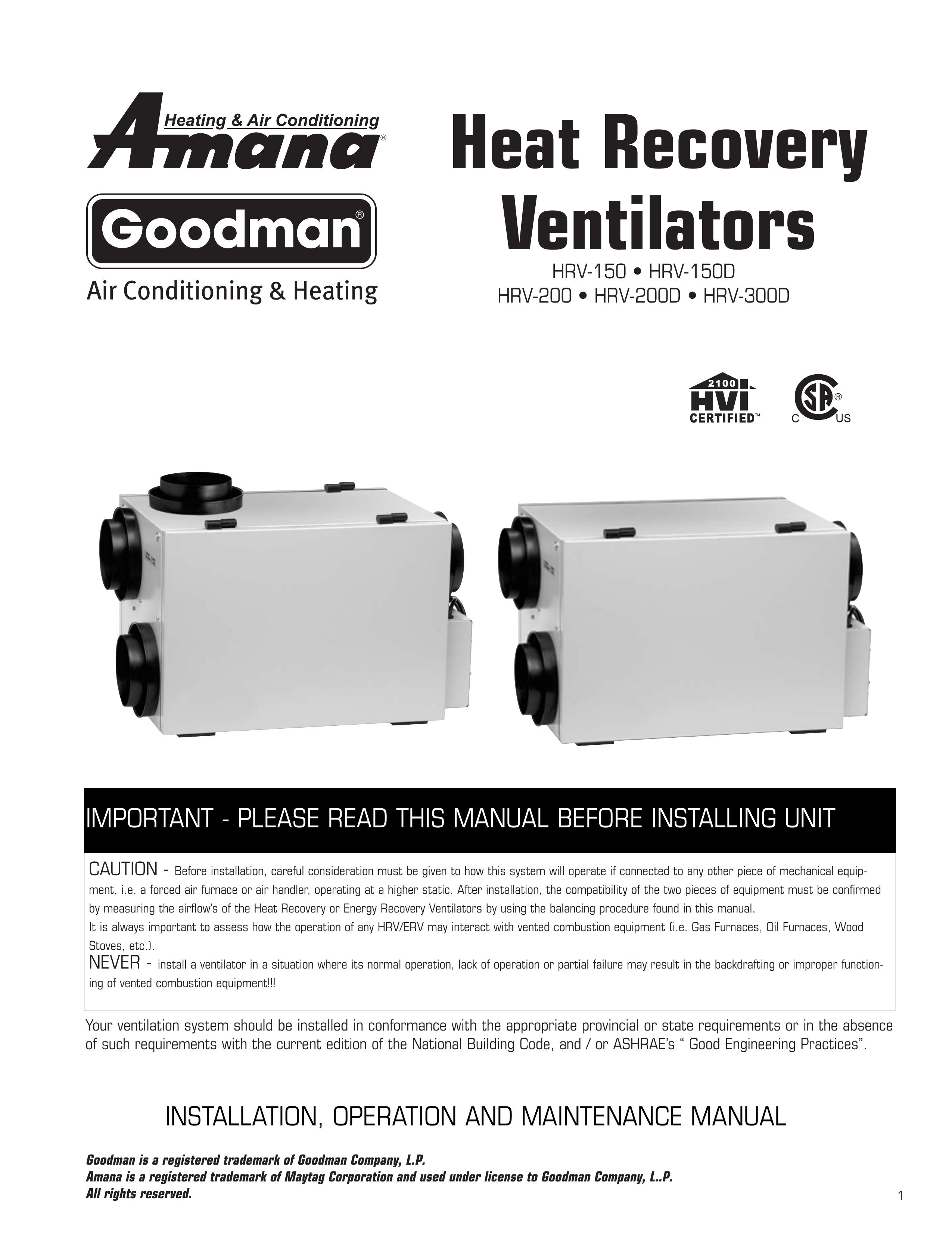 Amana HRV-150 Ventilation Hood User Manual