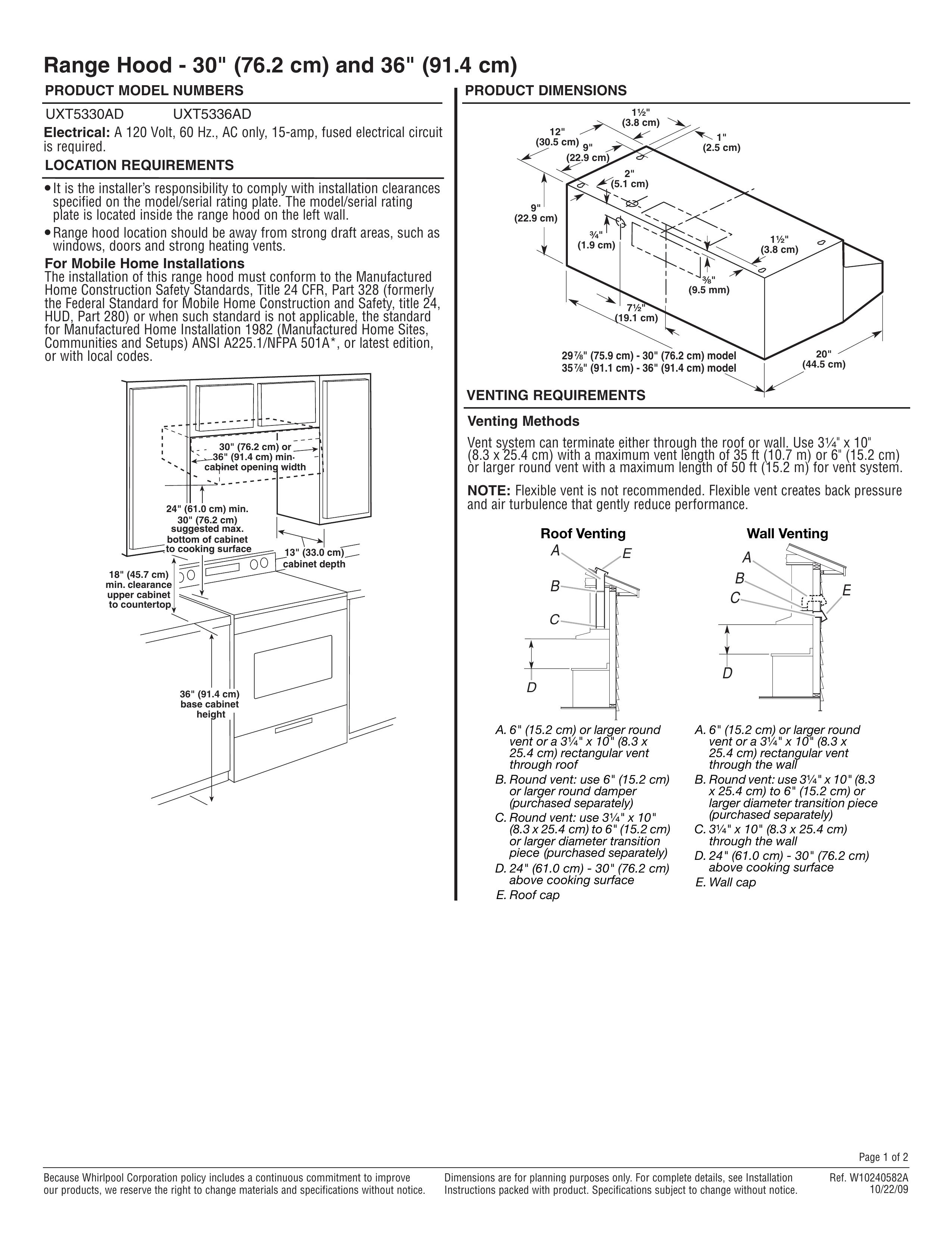 Amana UXT5330AD Ventilation Hood User Manual