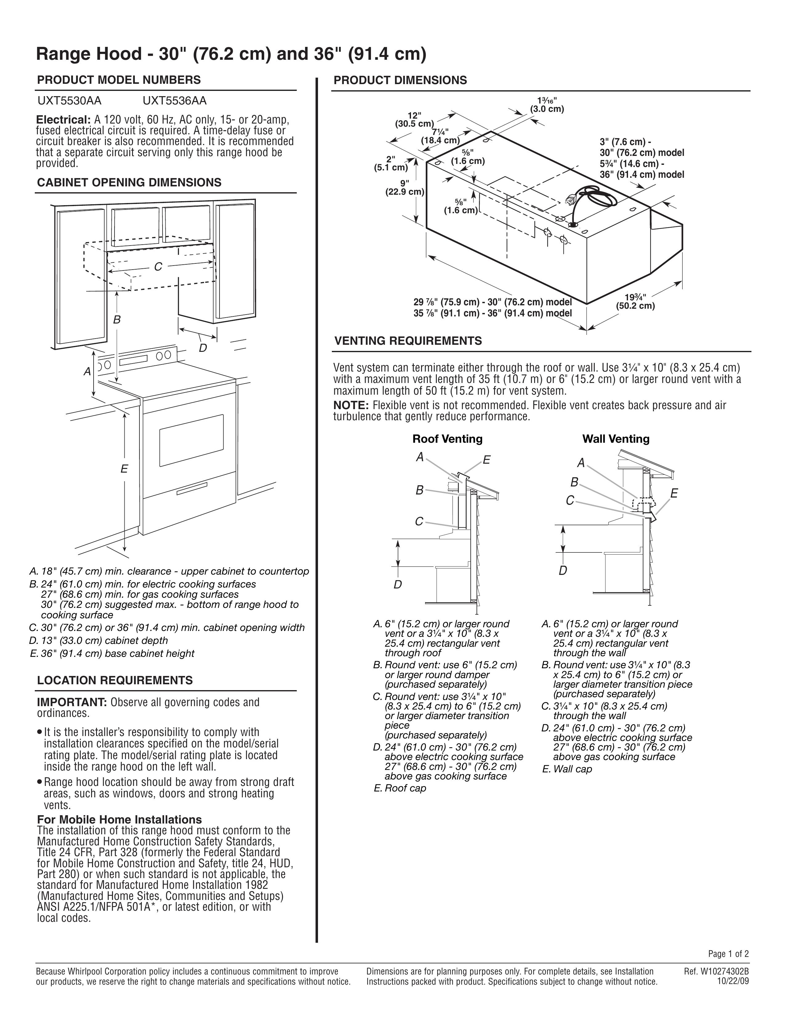 Amana UXT5536AA Ventilation Hood User Manual