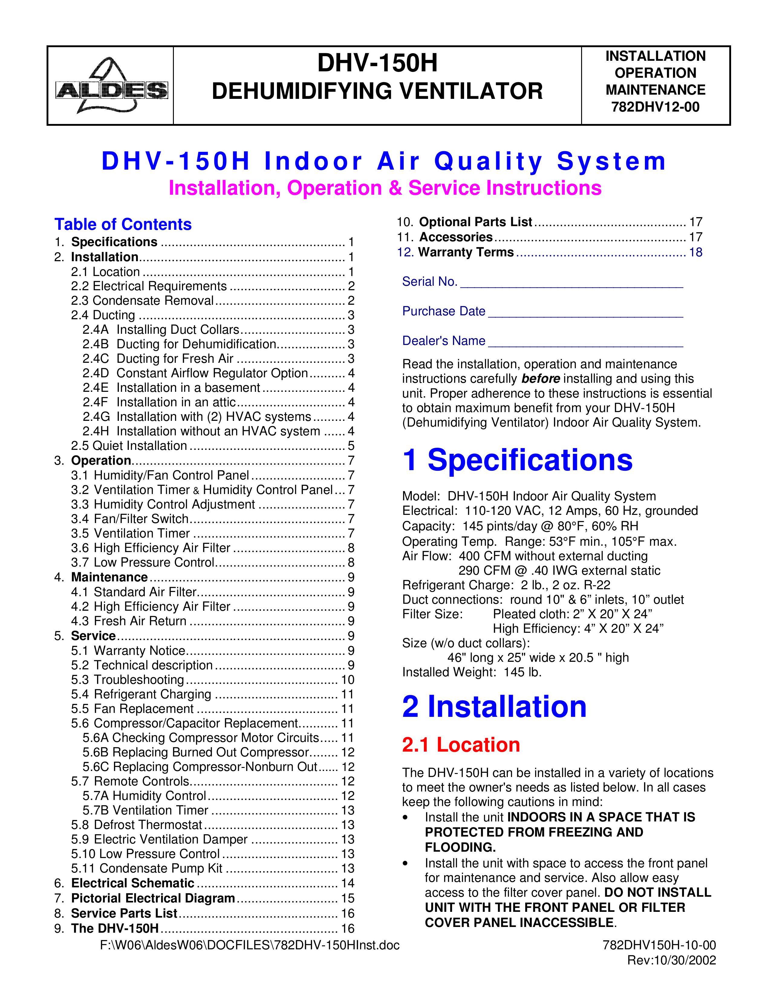 American Aldes DHV-150H Ventilation Hood User Manual