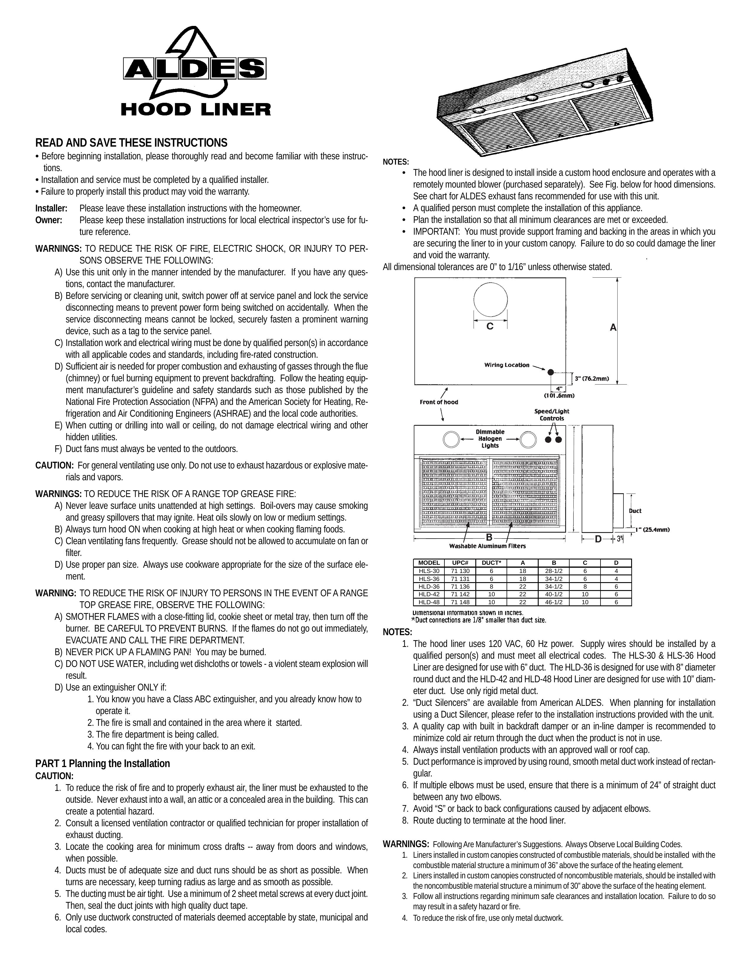 American Aldes Hood Liner Ventilation Hood User Manual