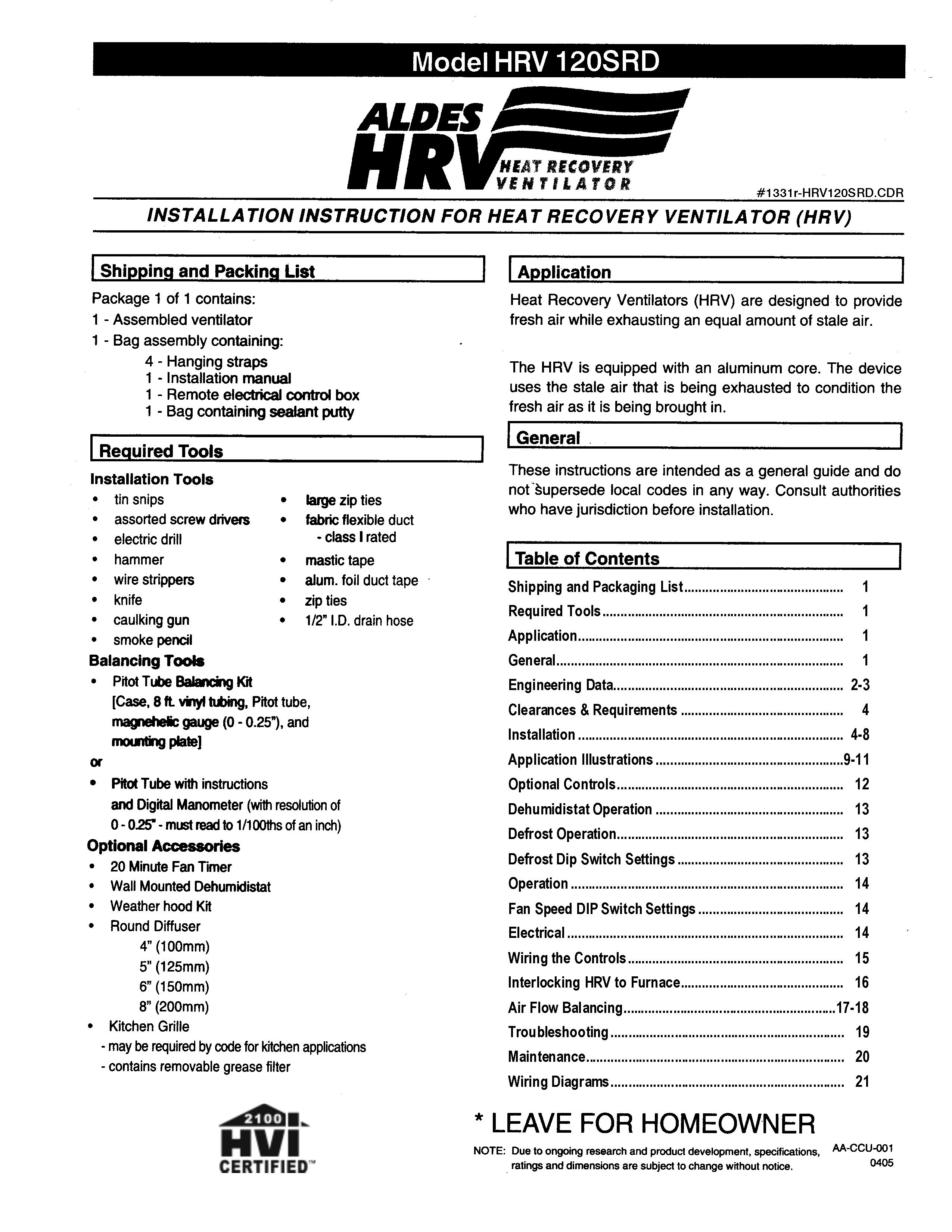 American Aldes HRV 120SRD Ventilation Hood User Manual