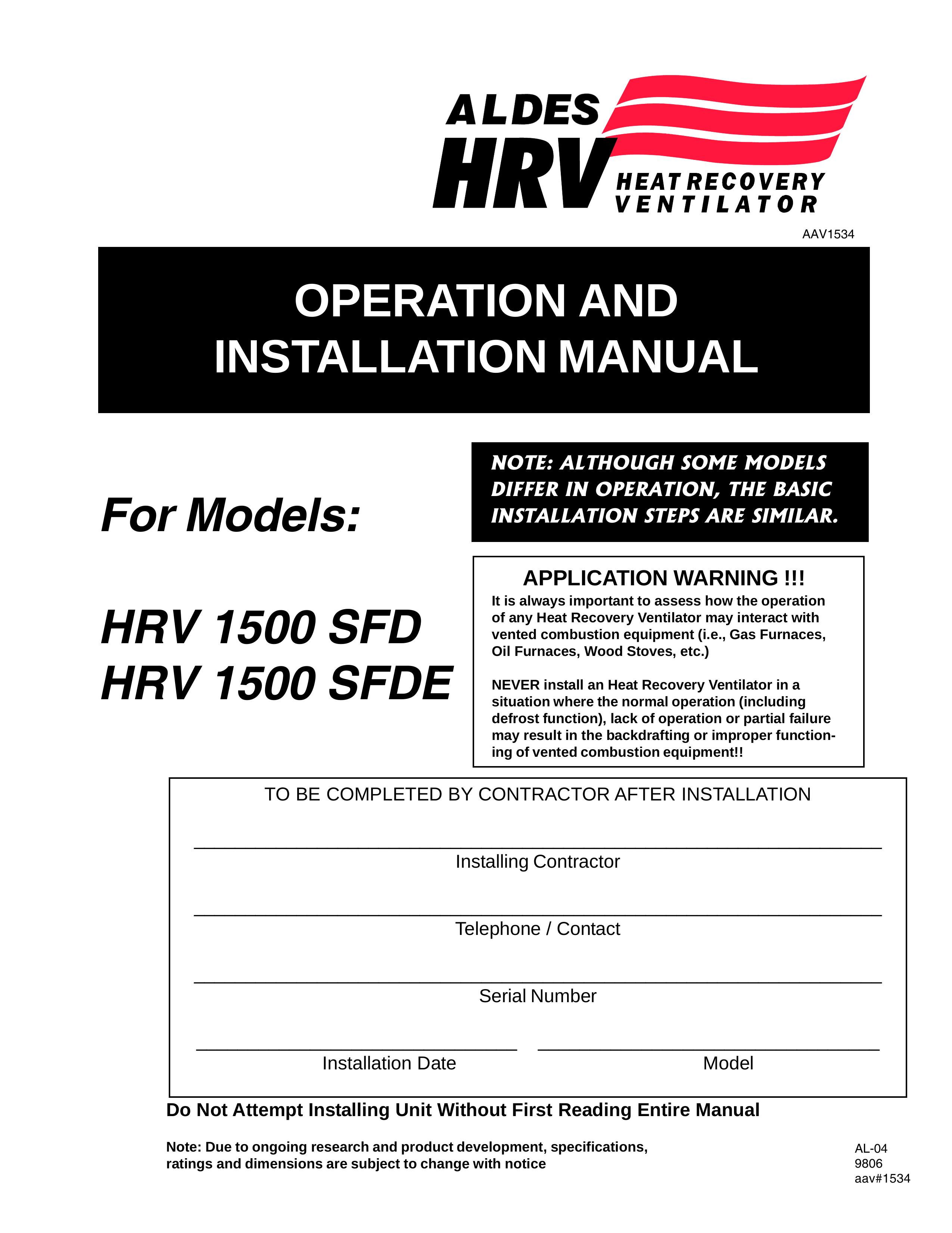 American Aldes HRV 1500 SFD Ventilation Hood User Manual