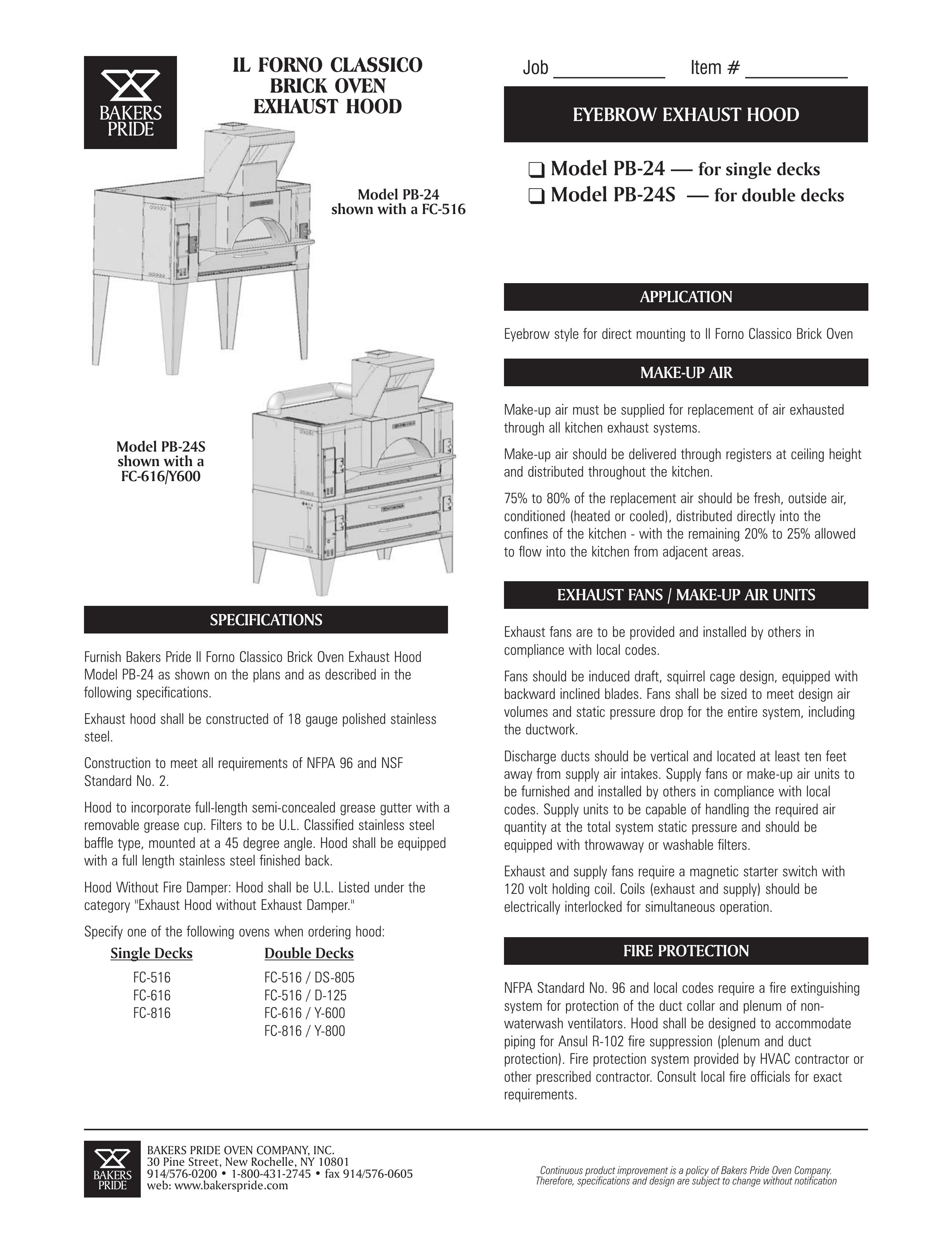 Bakers Pride Oven PB-24 Ventilation Hood User Manual