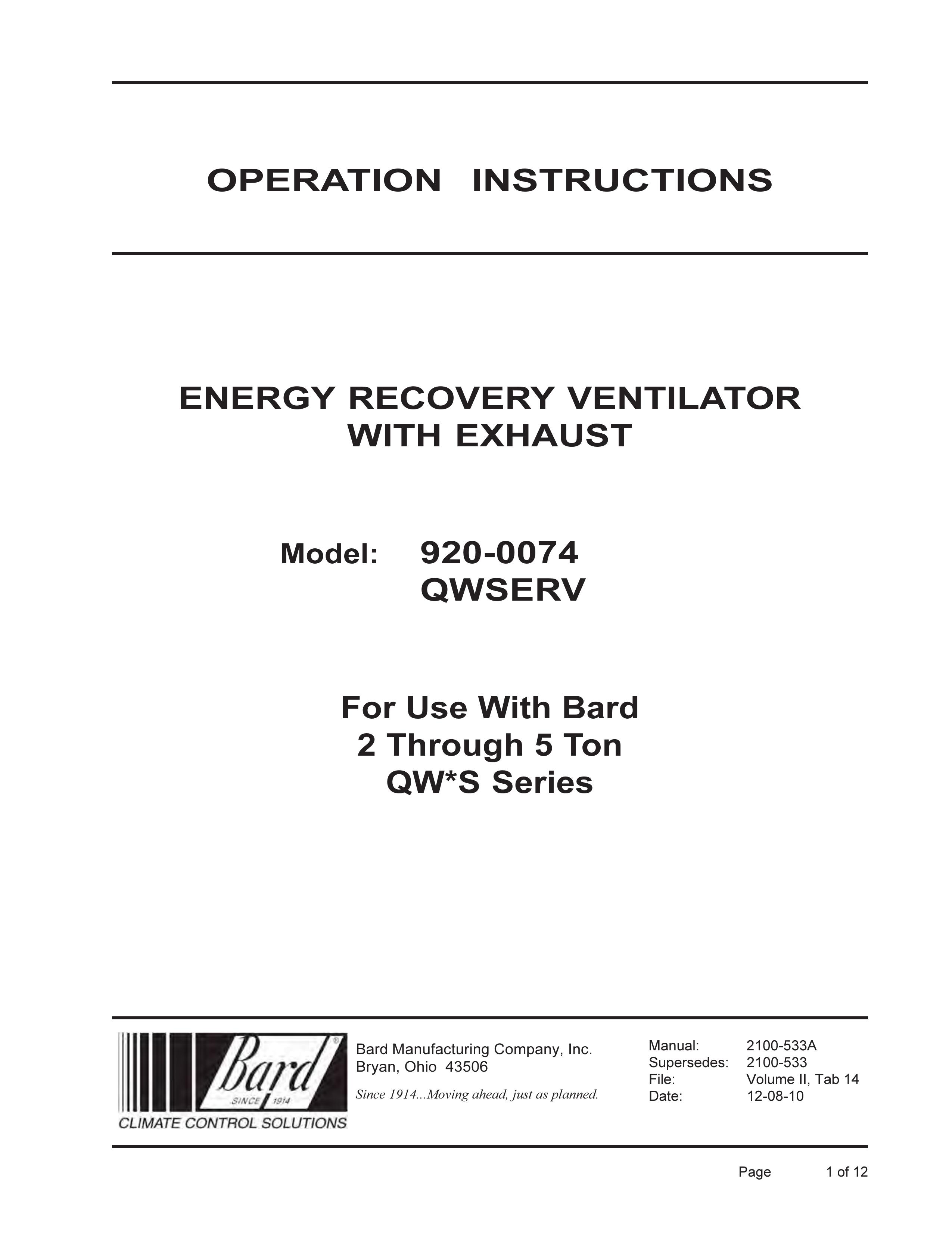 Bard 920-0074 qwserv Ventilation Hood User Manual
