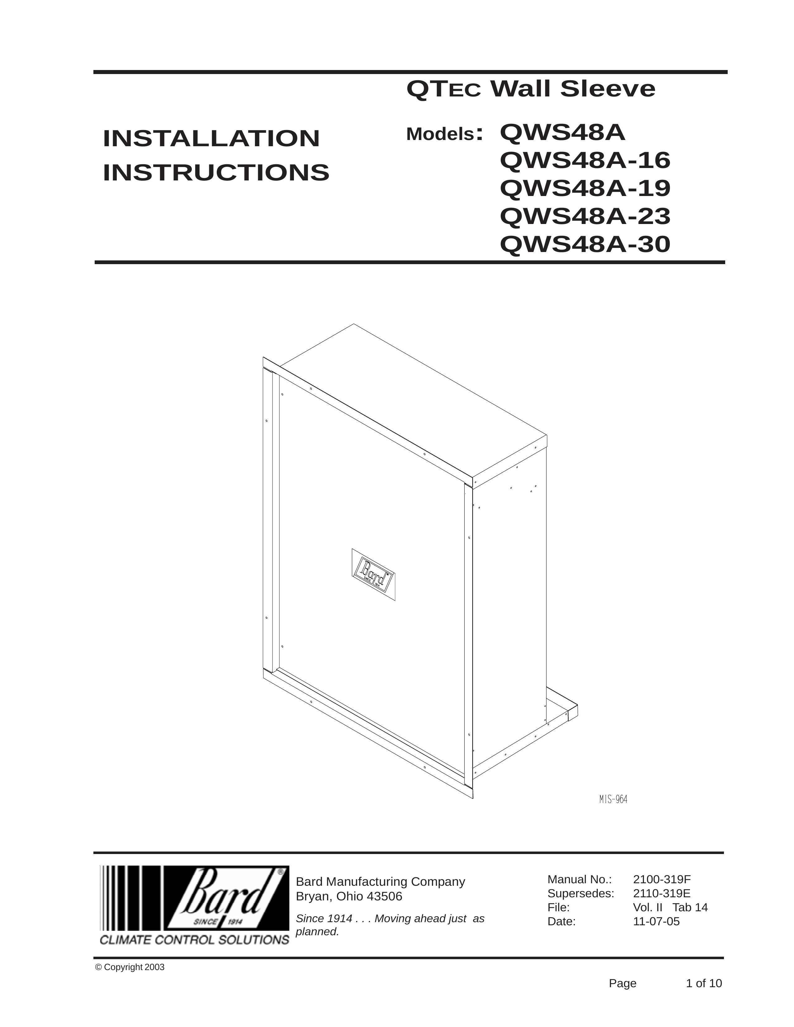 Bard QWS48A Ventilation Hood User Manual