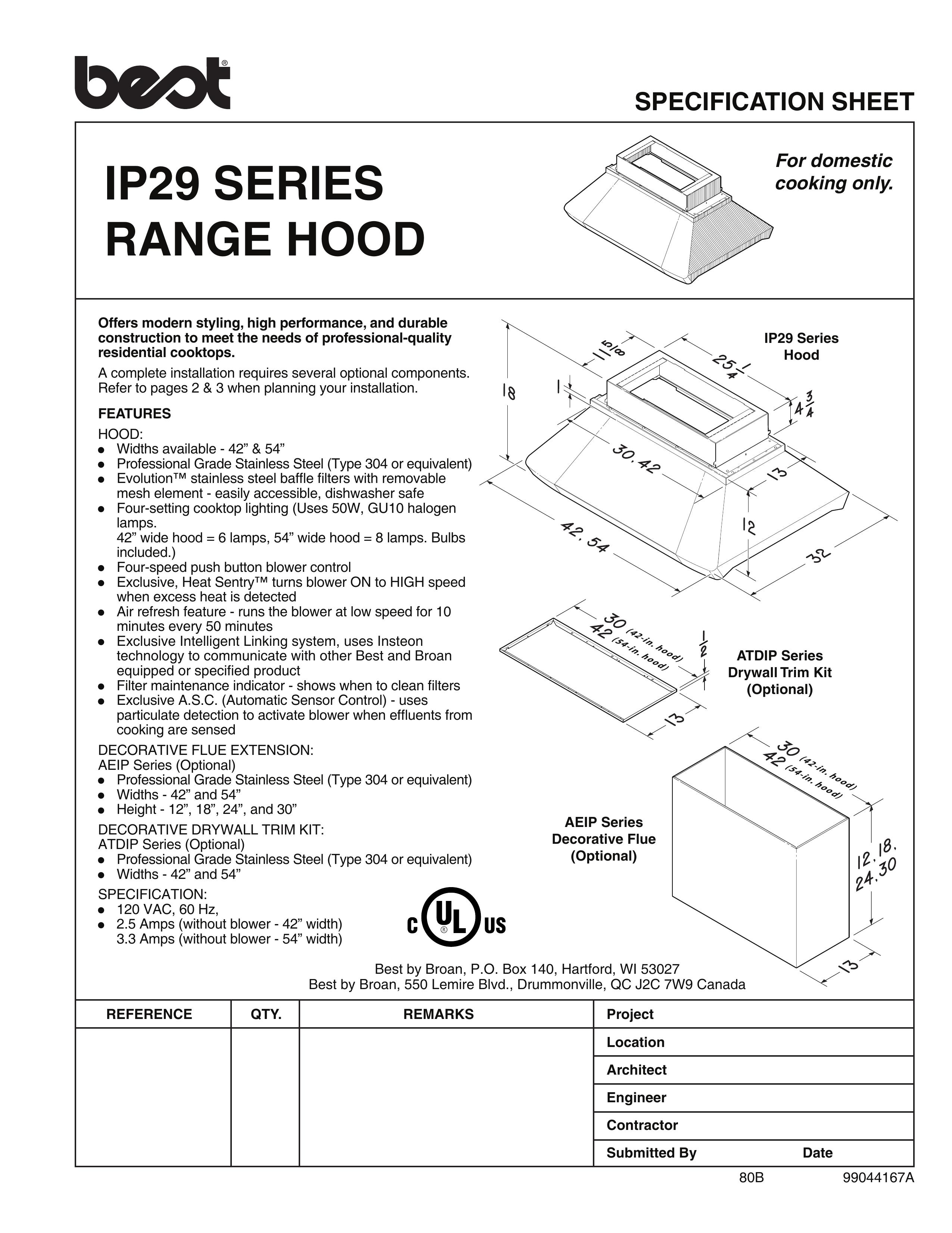 Best IP29 SERIES Ventilation Hood User Manual