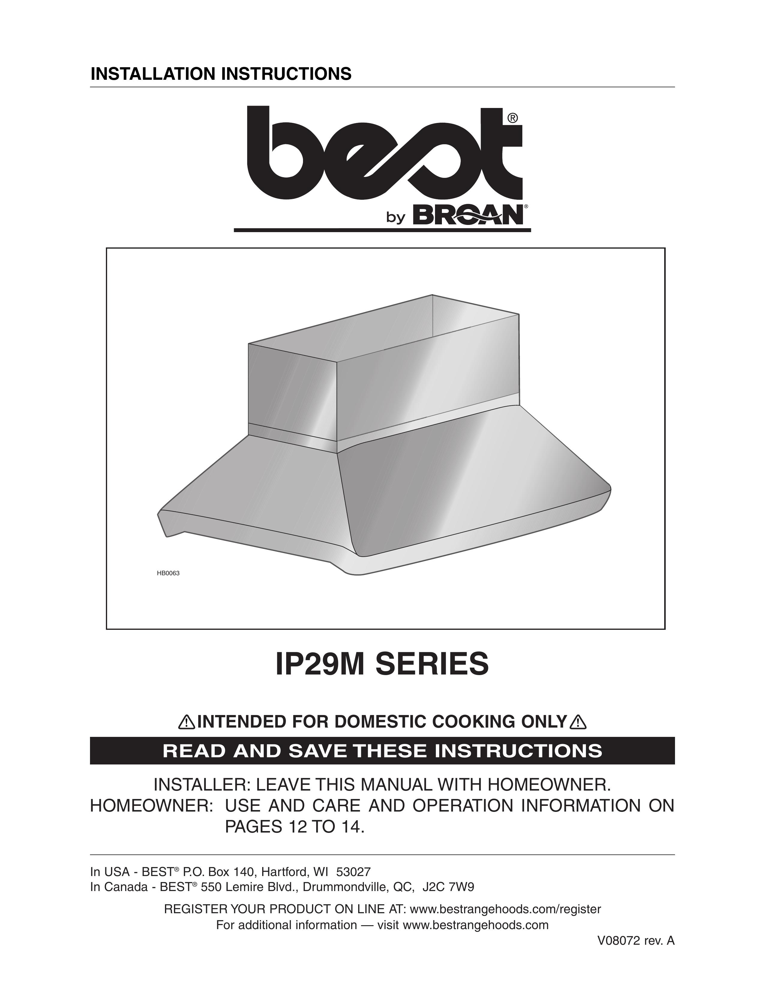 Best IP29M Series Ventilation Hood User Manual