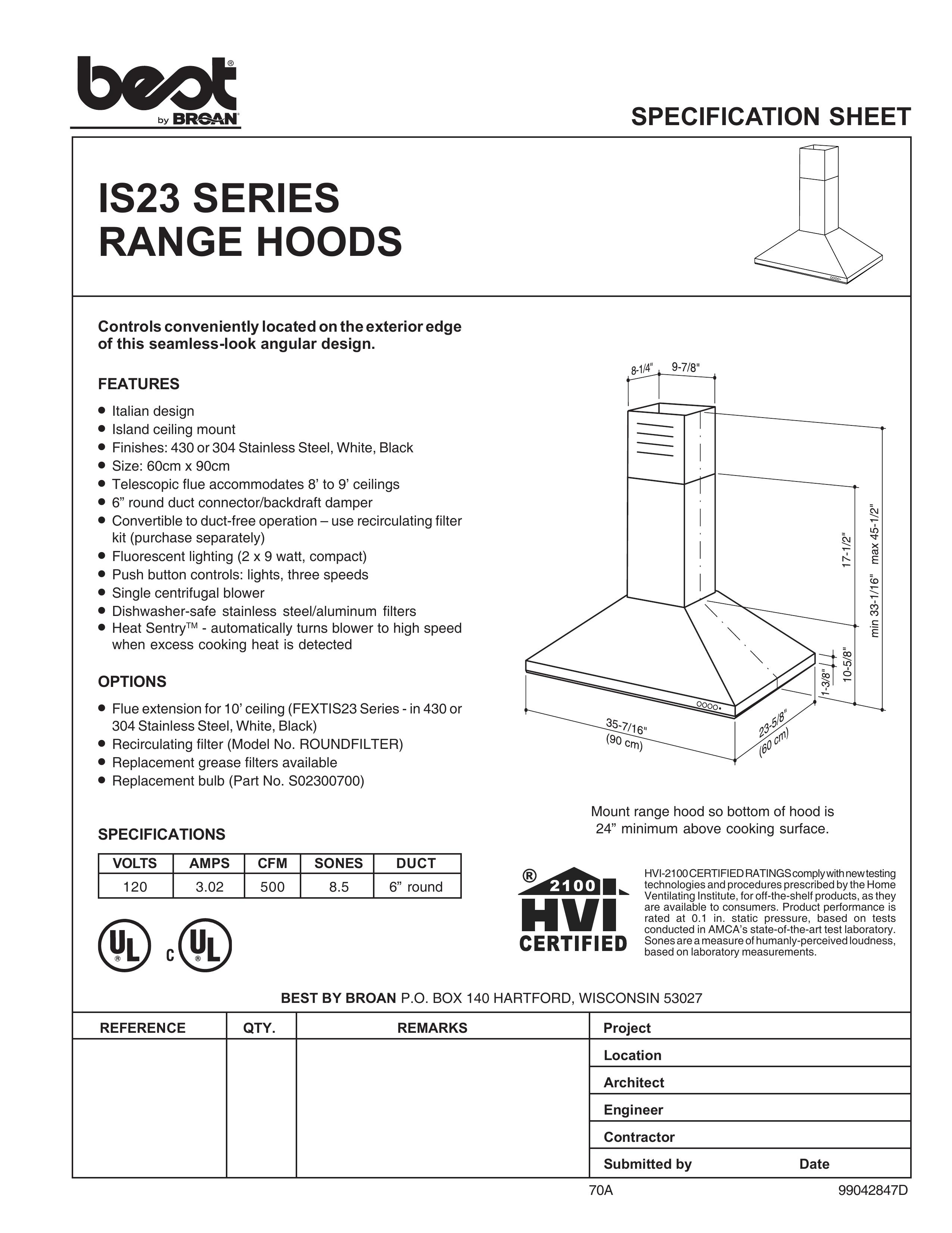 Best IS23 SERIES Ventilation Hood User Manual