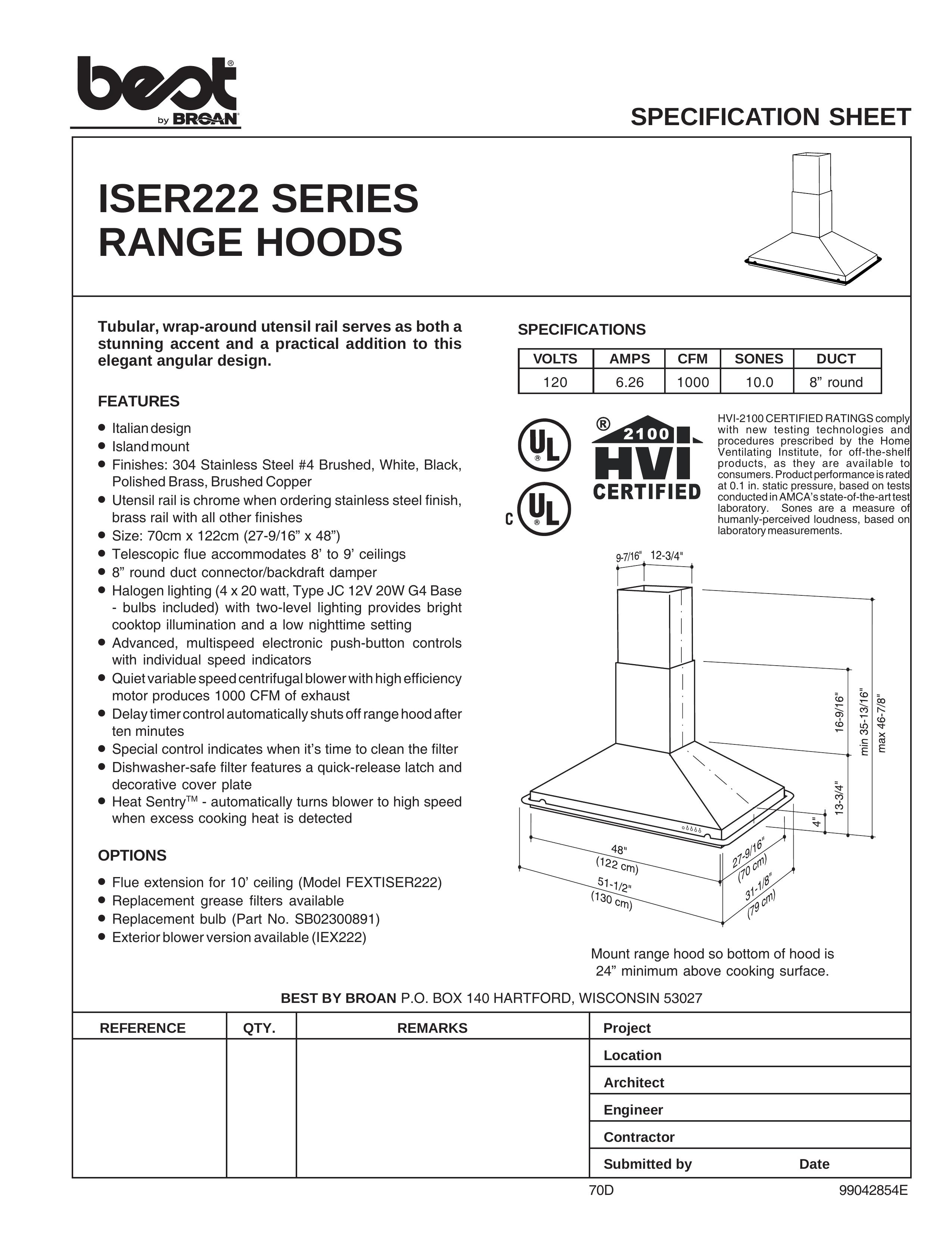 Best ISER222 SERIES Ventilation Hood User Manual