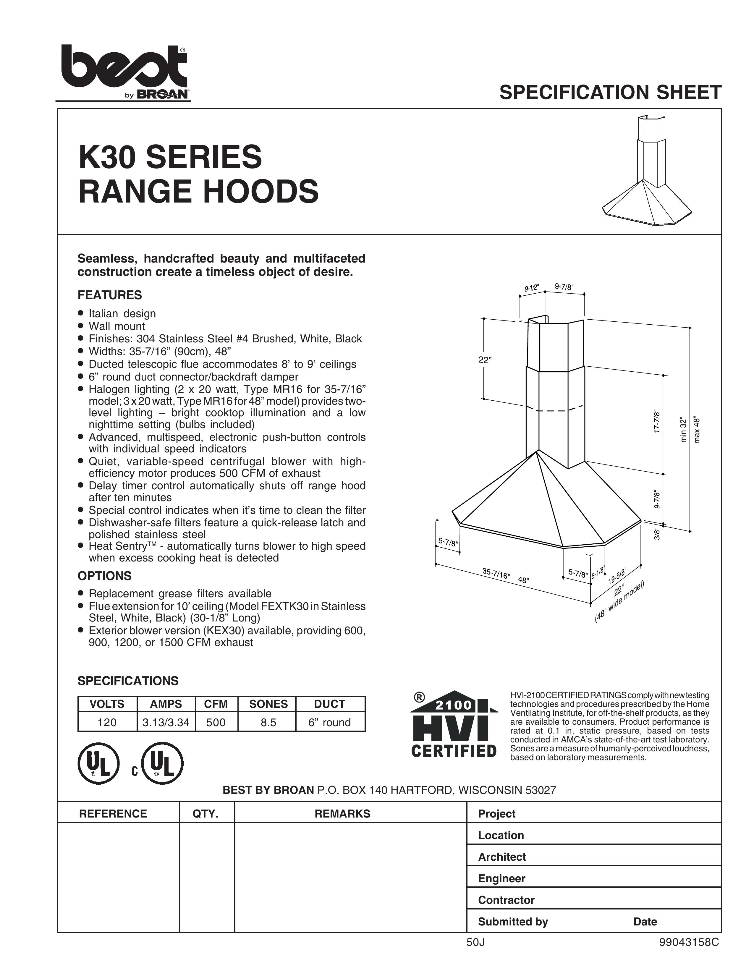 Best K30 Series Ventilation Hood User Manual