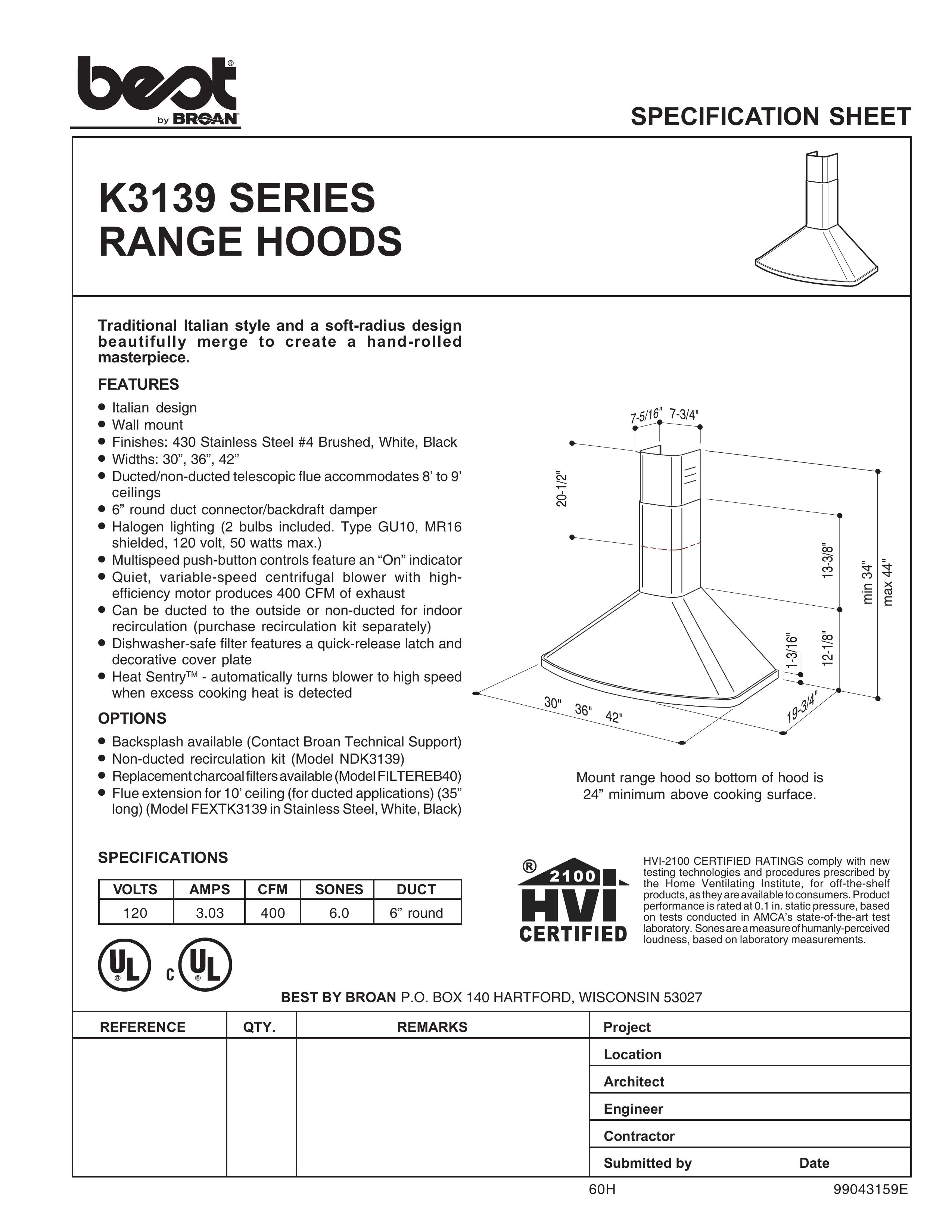 Best K3139 Series Ventilation Hood User Manual