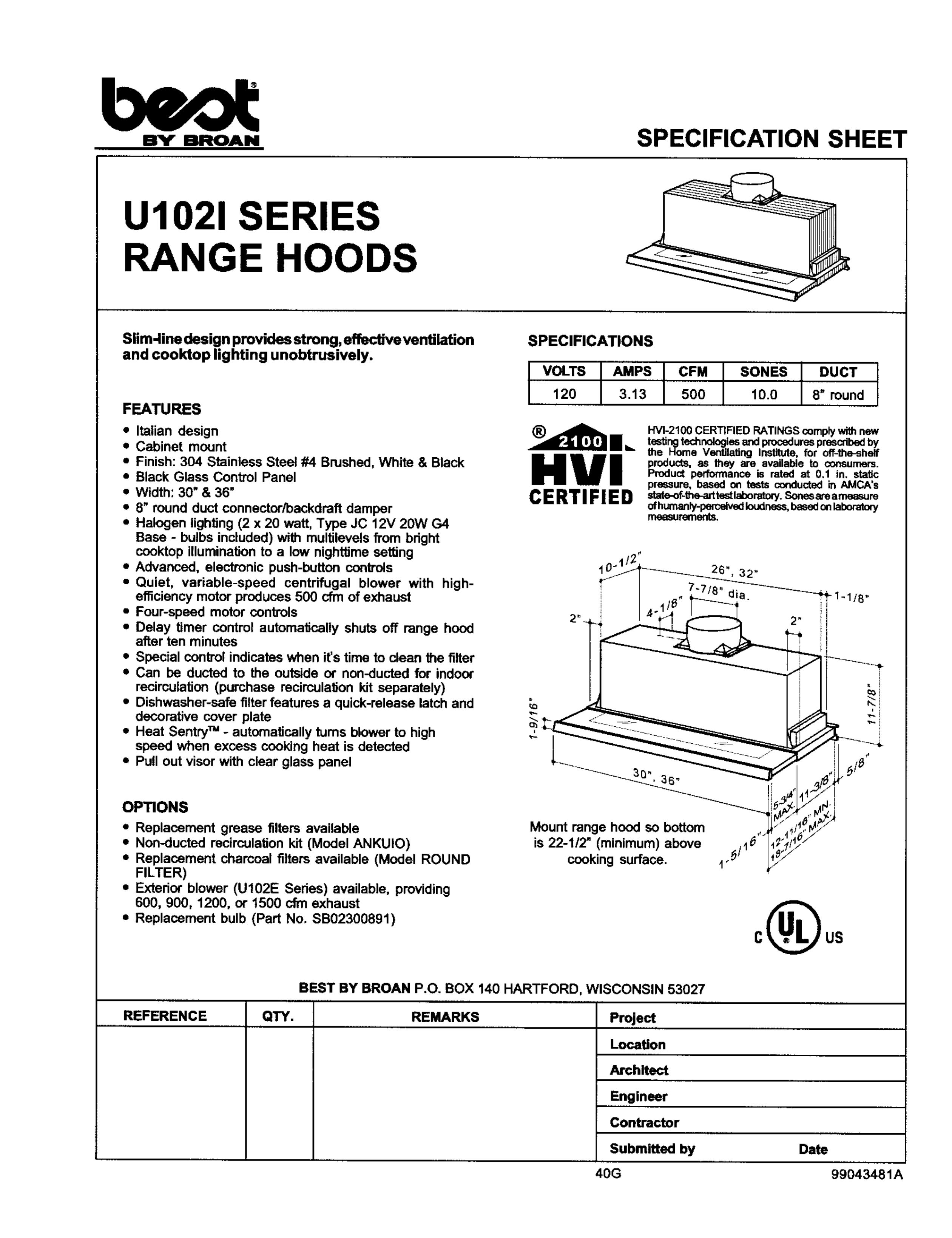 Best U1021 Ventilation Hood User Manual