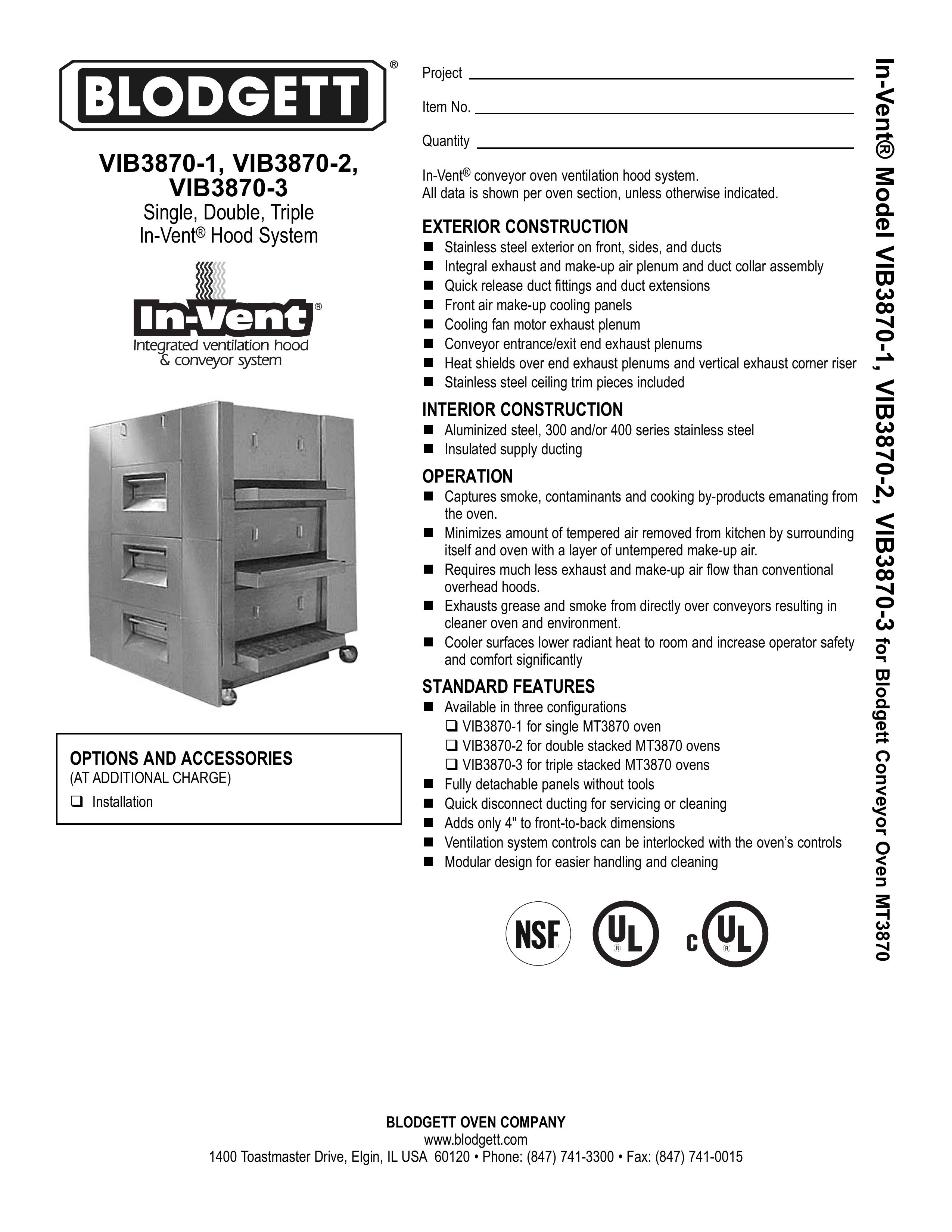 Blodgett VIB3870-1 Ventilation Hood User Manual
