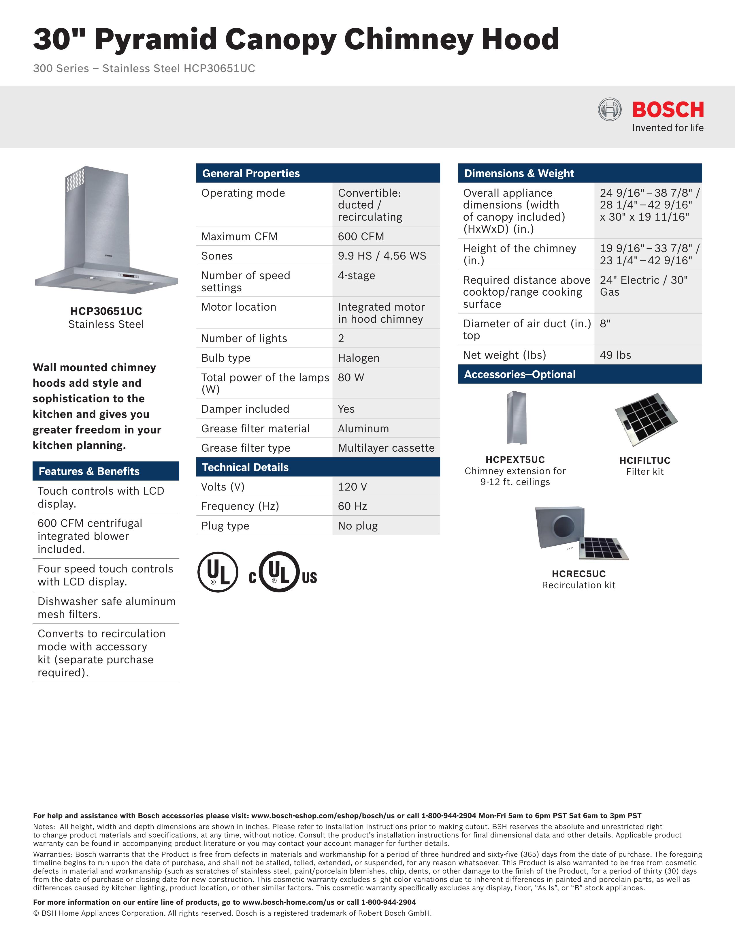 Bosch Appliances HCP30651UC Ventilation Hood User Manual