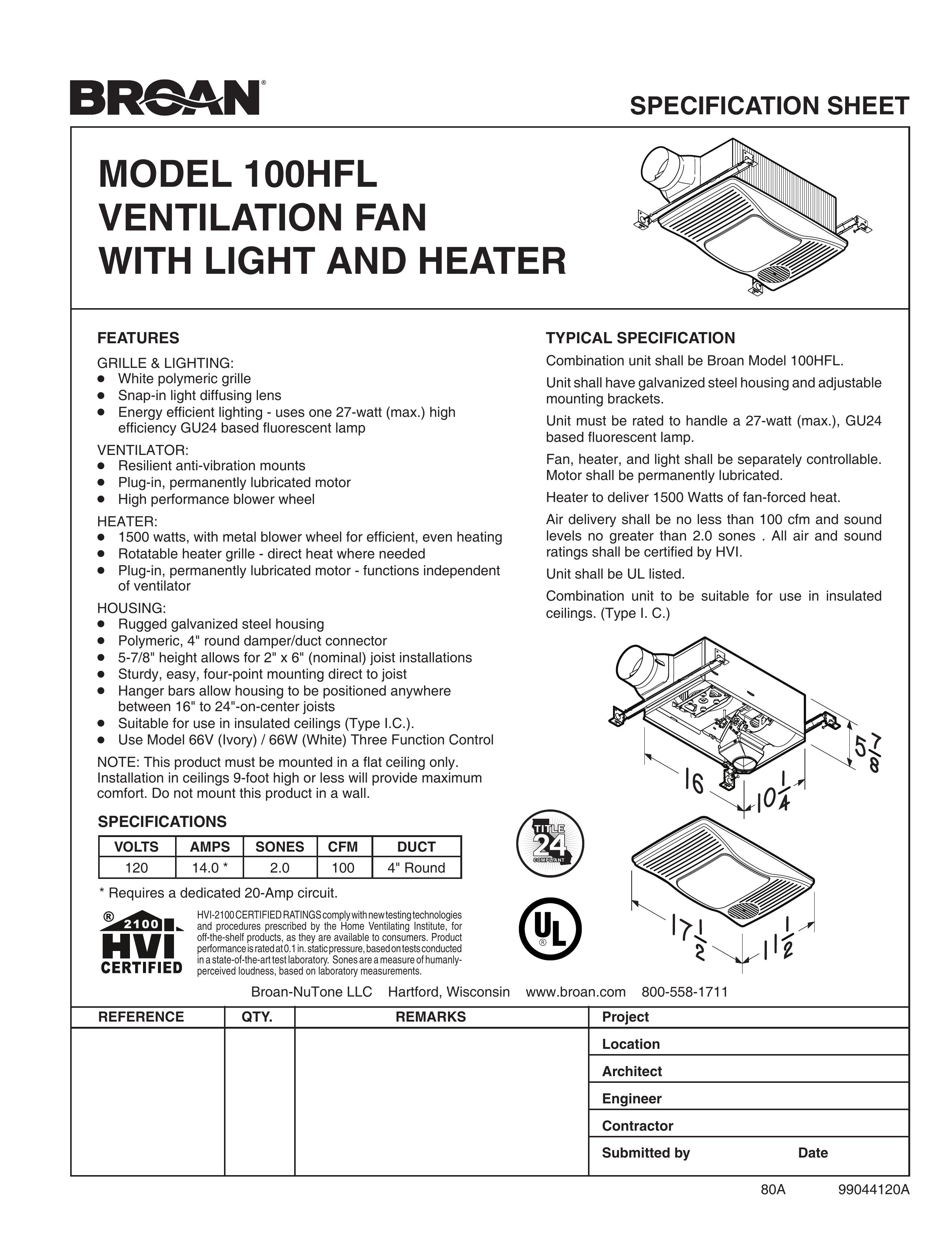 Broan 100HFL Ventilation Hood User Manual