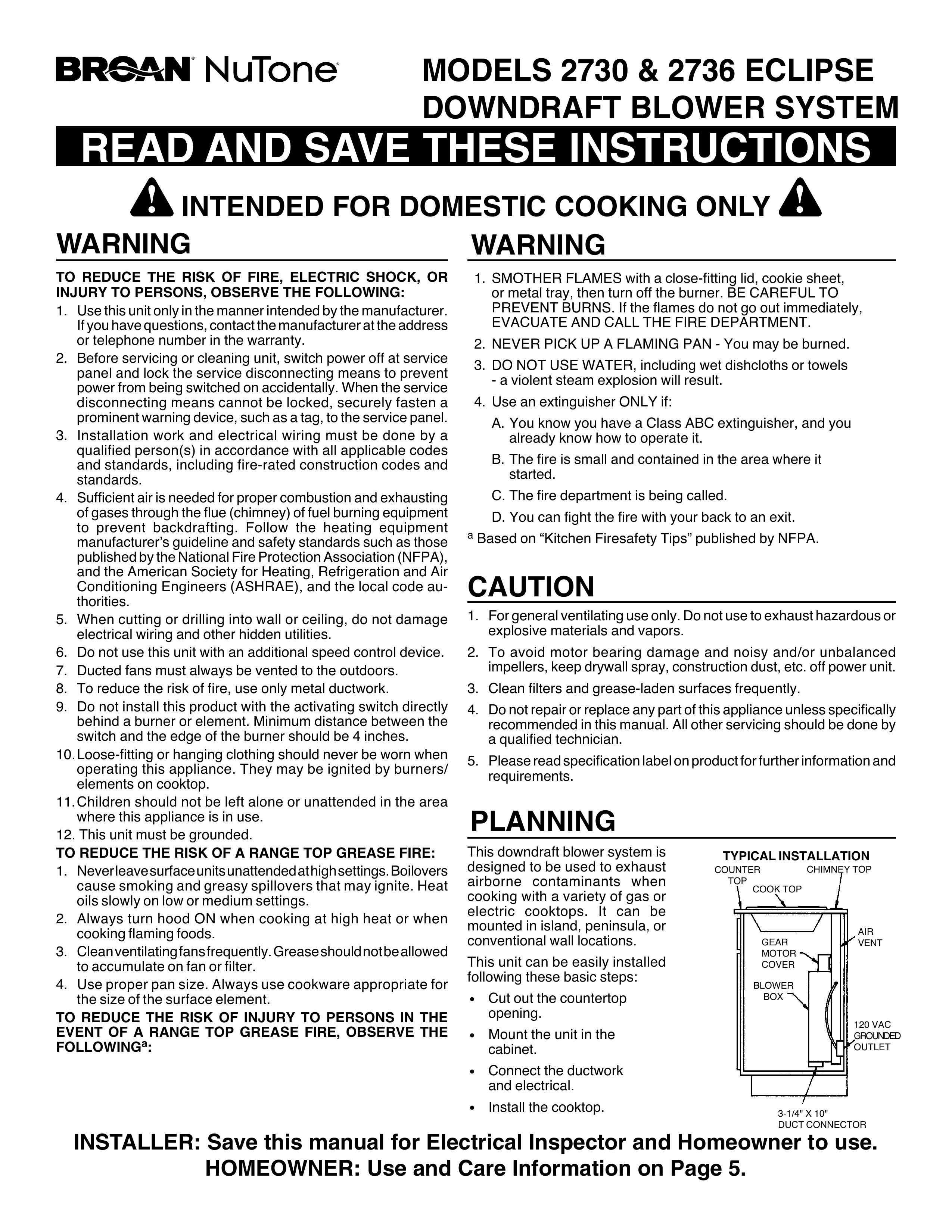 Broan 273003 Ventilation Hood User Manual