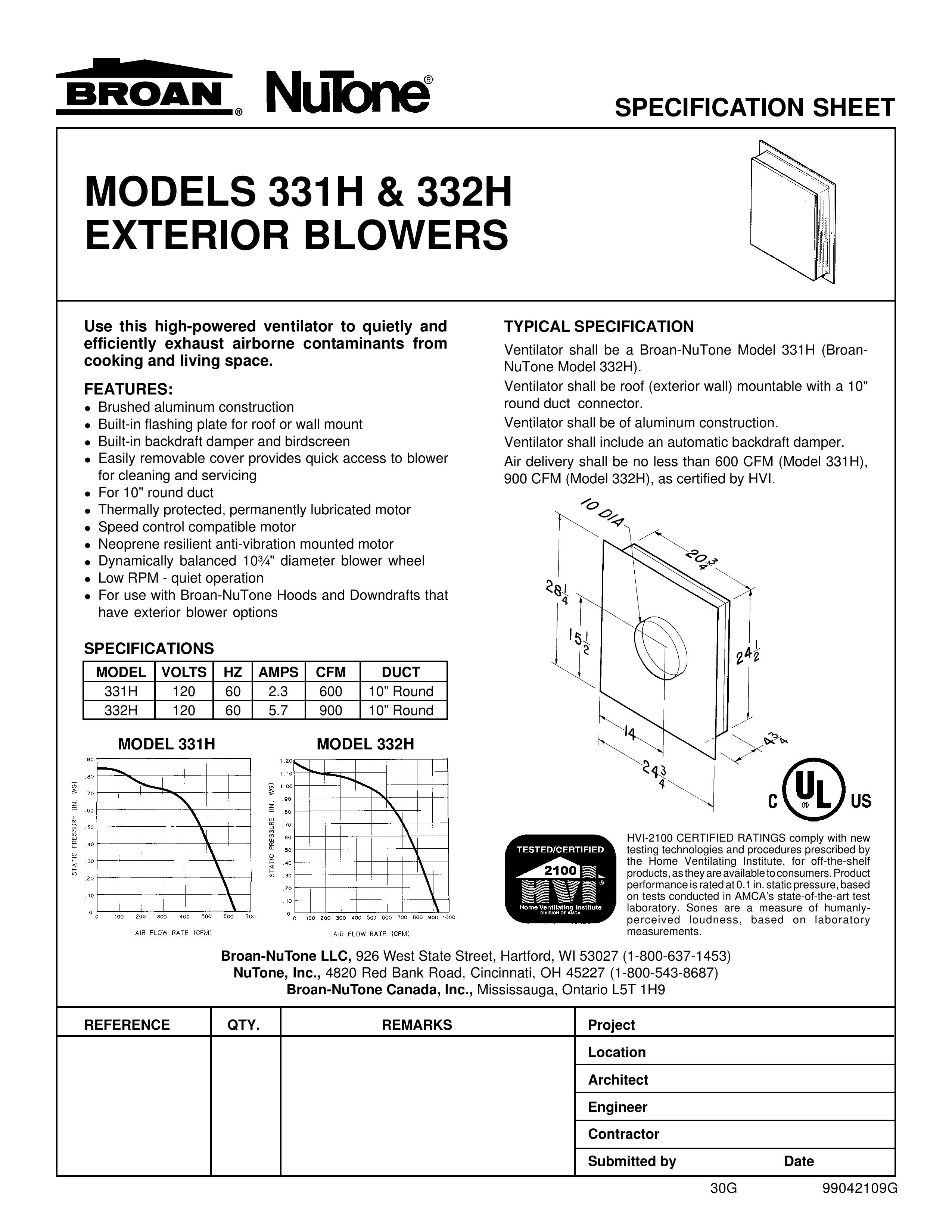 Broan 331H Ventilation Hood User Manual