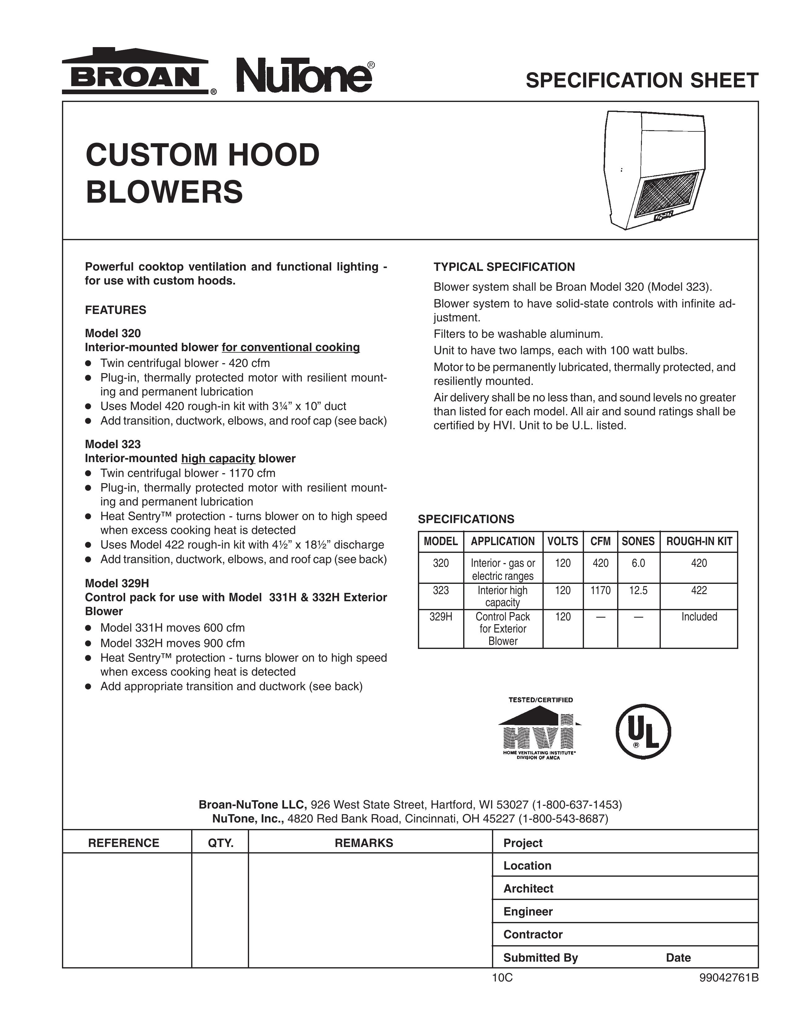 Broan 332H Ventilation Hood User Manual