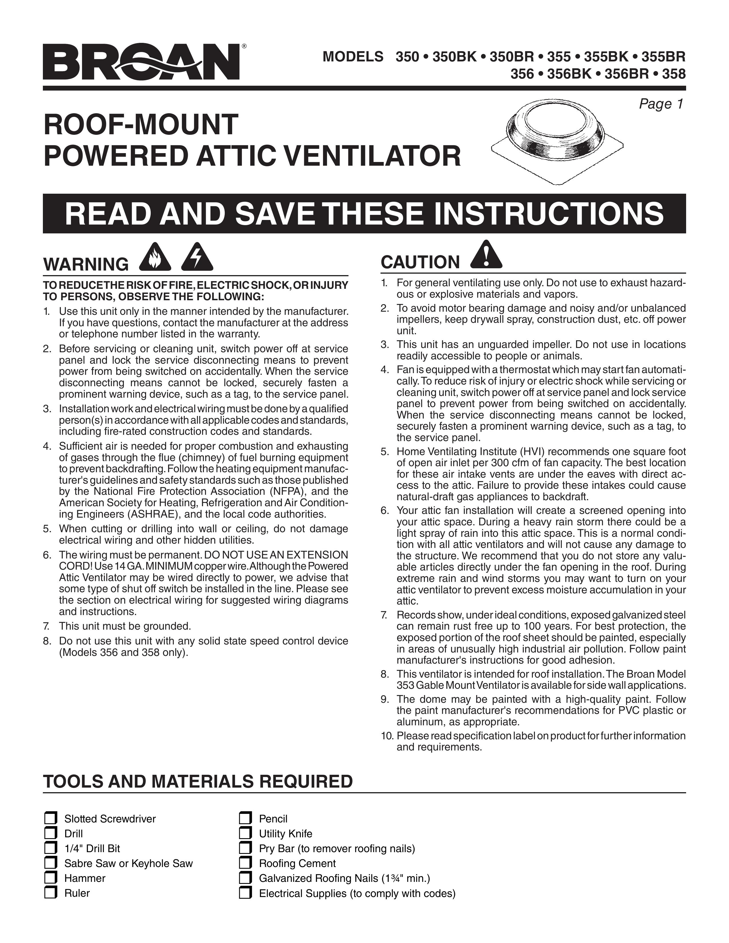 Broan 355BR Ventilation Hood User Manual