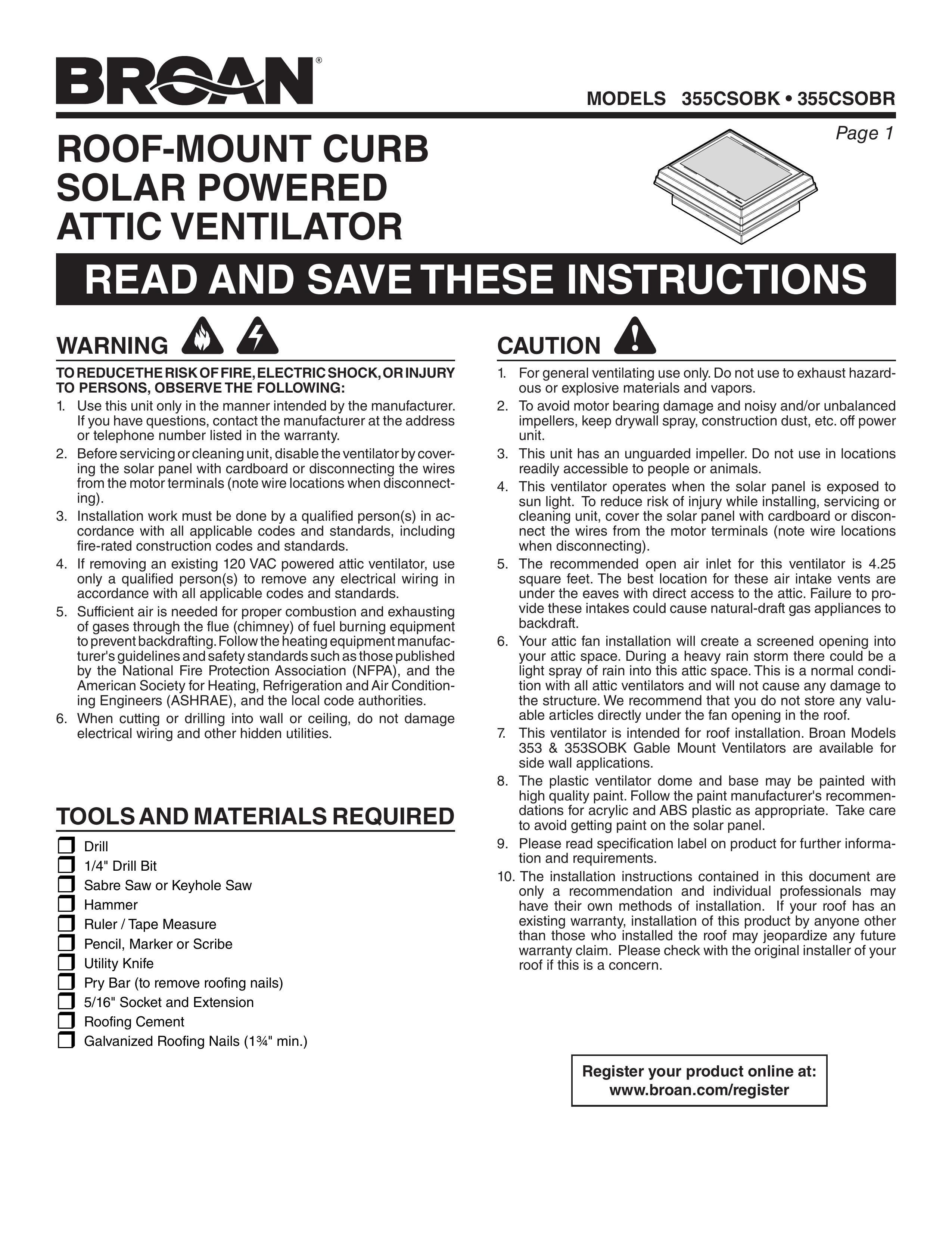 Broan 355CSOBR Ventilation Hood User Manual