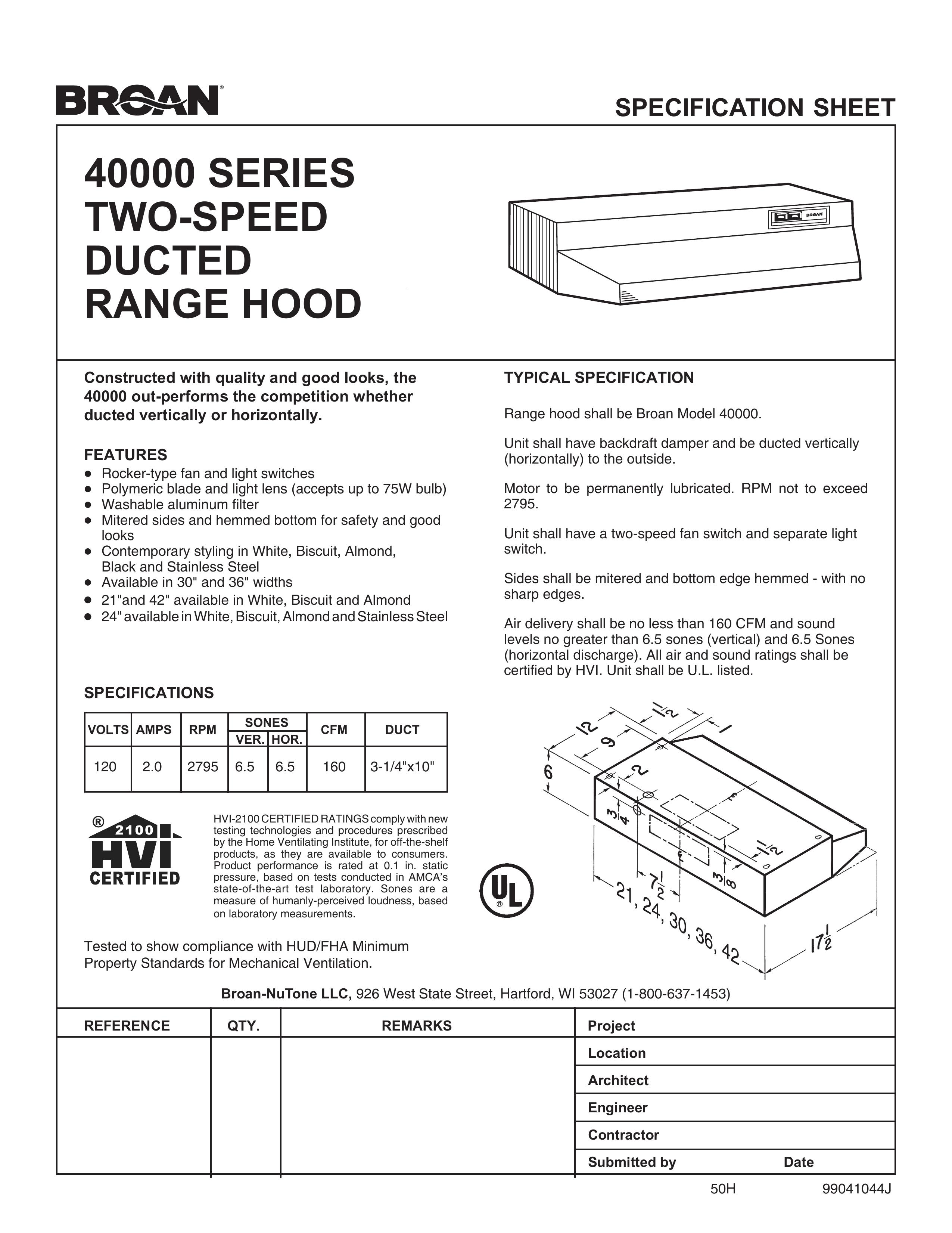 Broan 40000 Series Ventilation Hood User Manual
