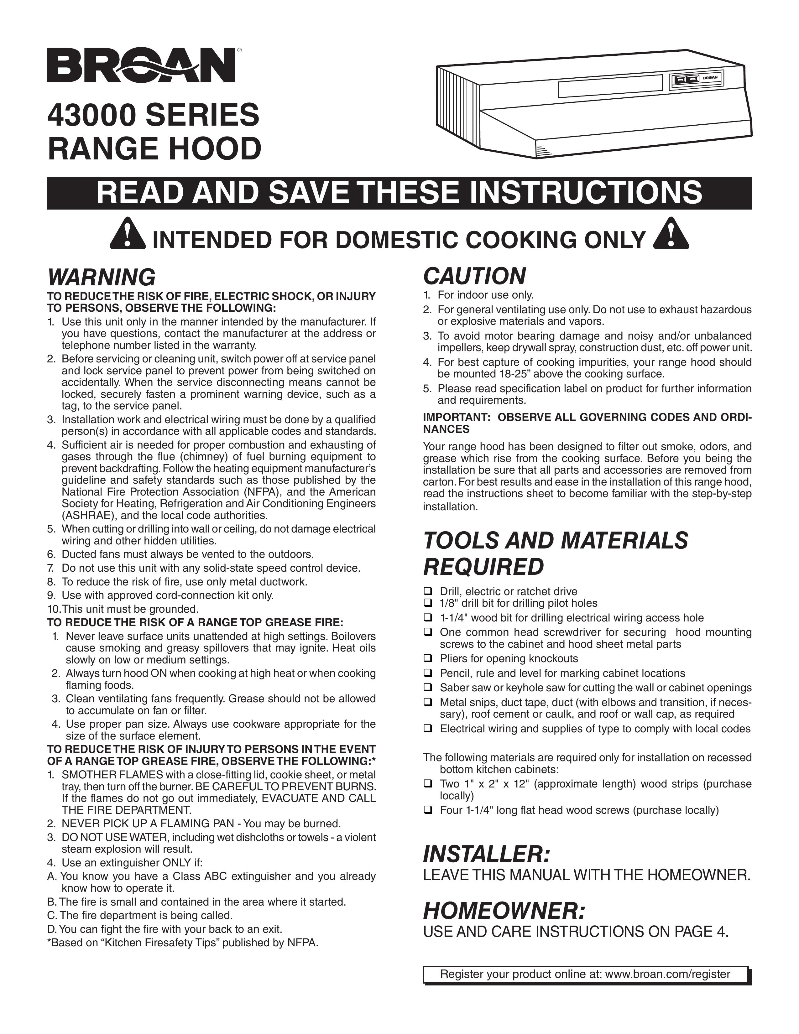 Broan 433004 Ventilation Hood User Manual