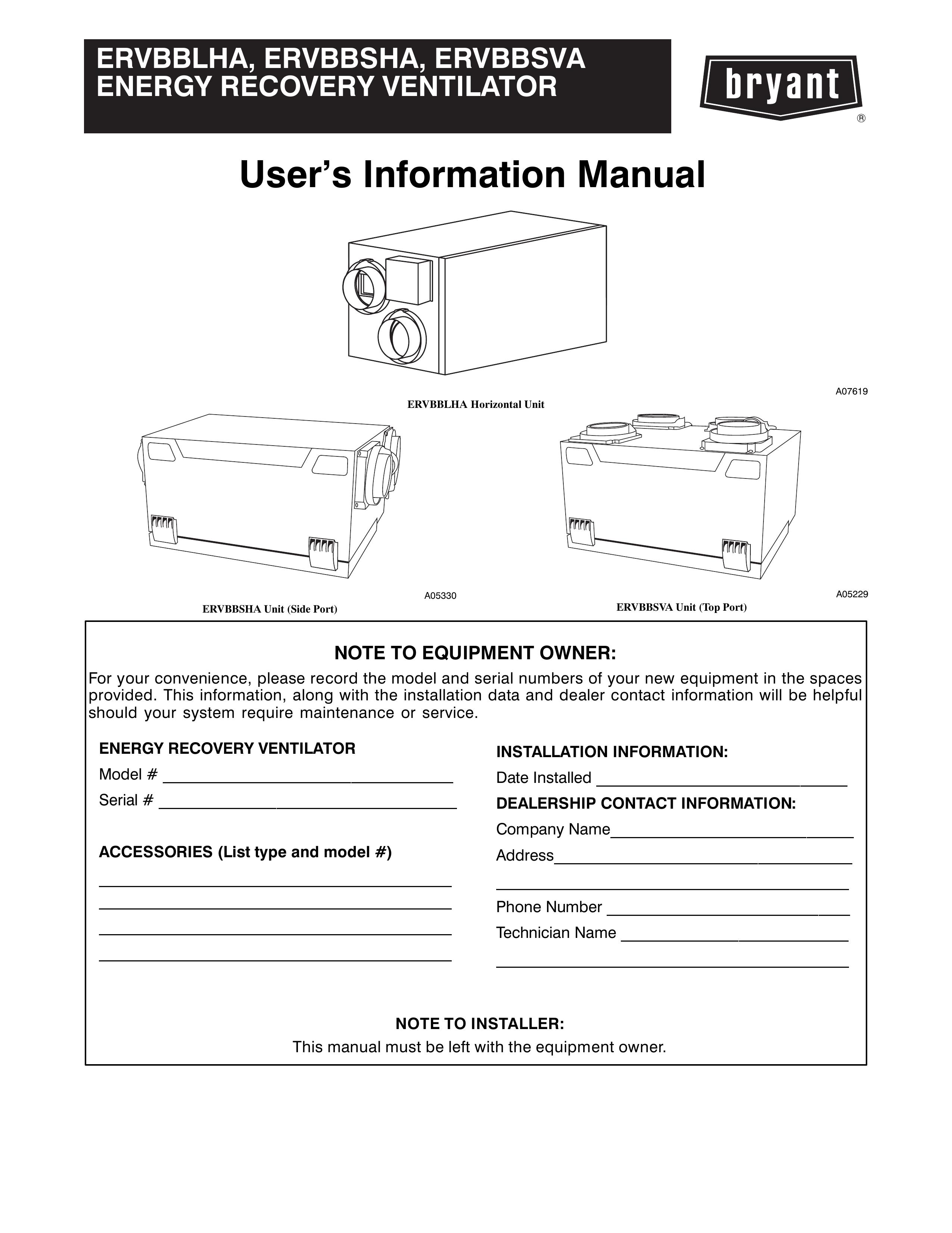 Bryant ERVBBSVA Ventilation Hood User Manual