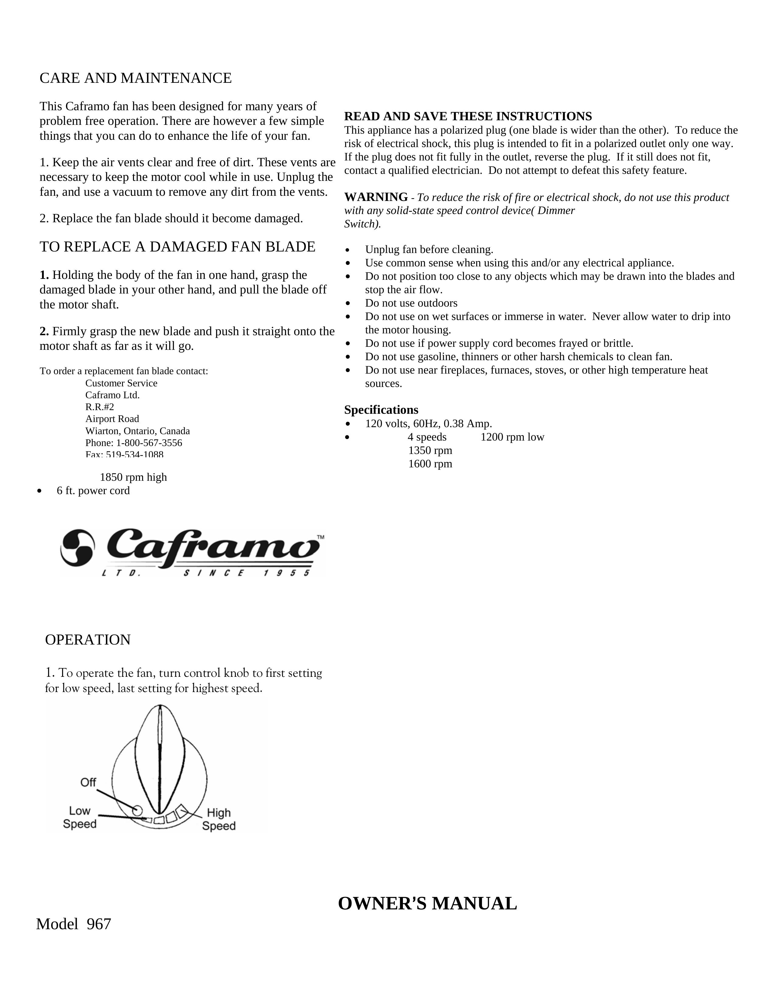 Caframo 967 Ventilation Hood User Manual