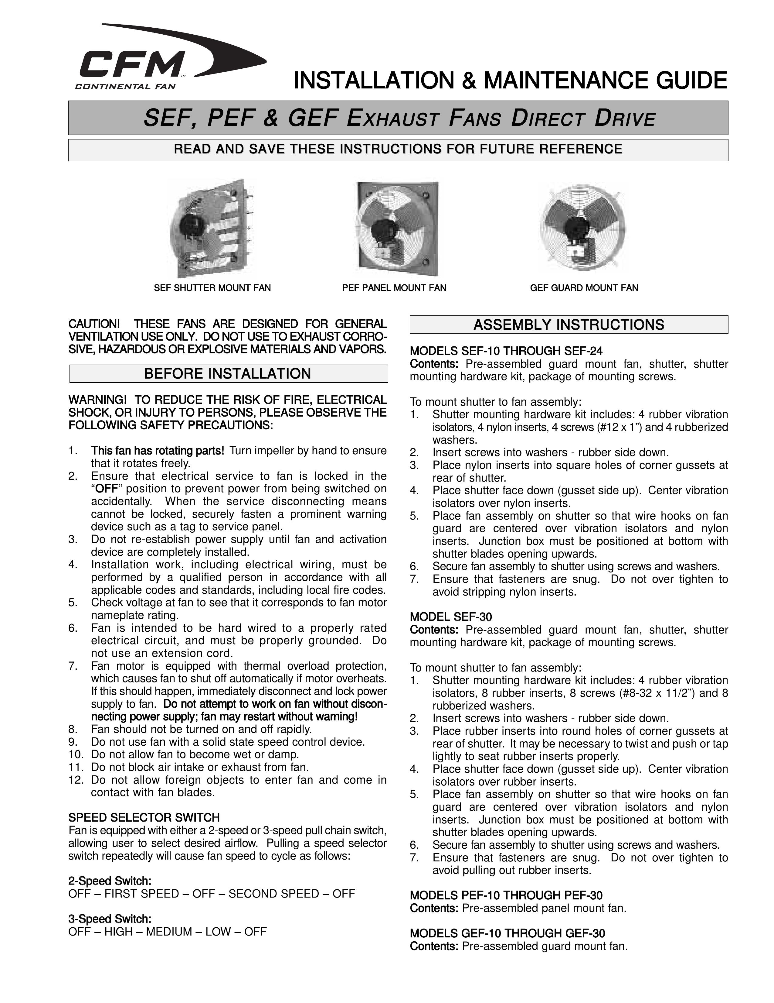 CFM SEF30 Ventilation Hood User Manual