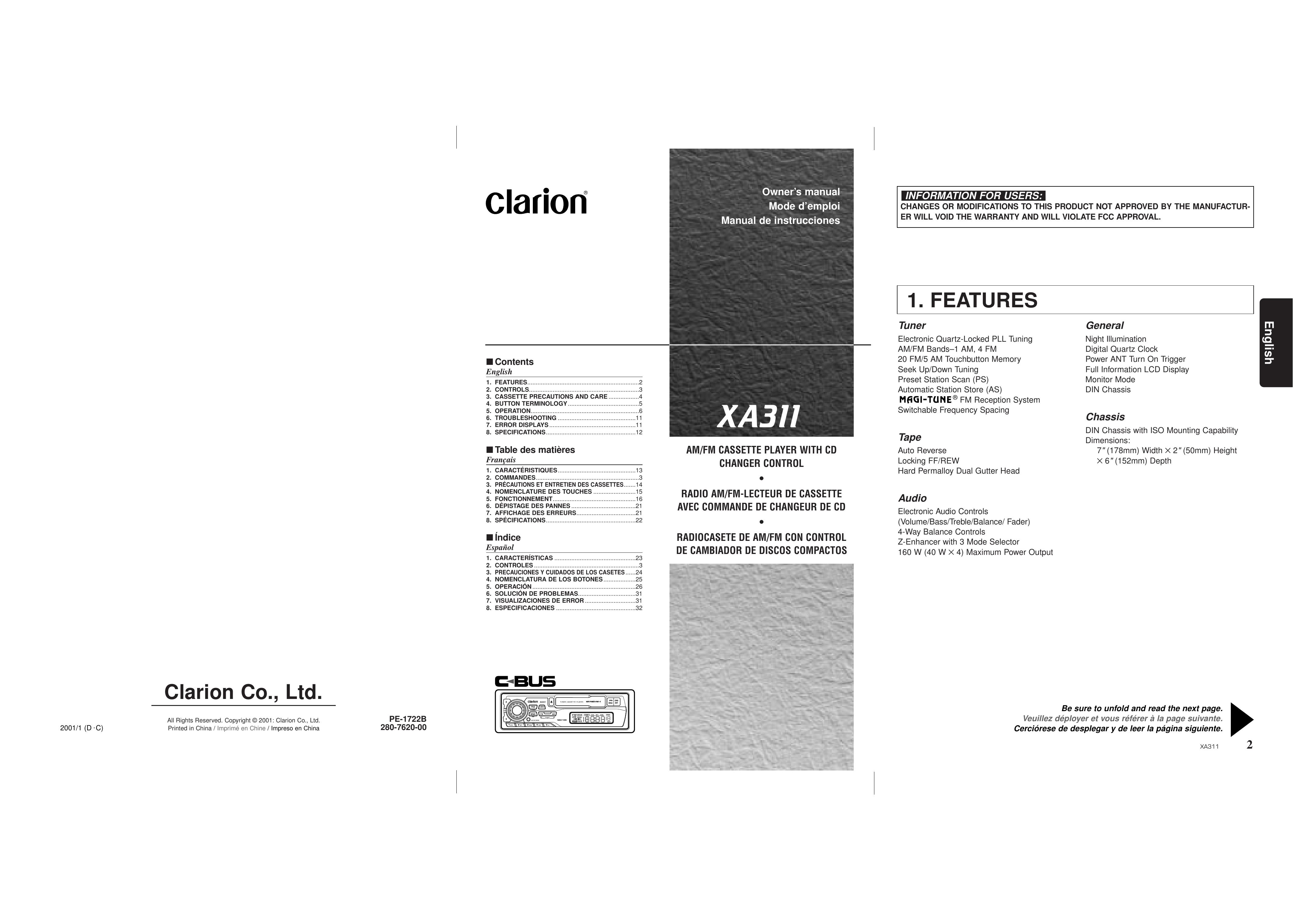 Clarion XA311 Ventilation Hood User Manual