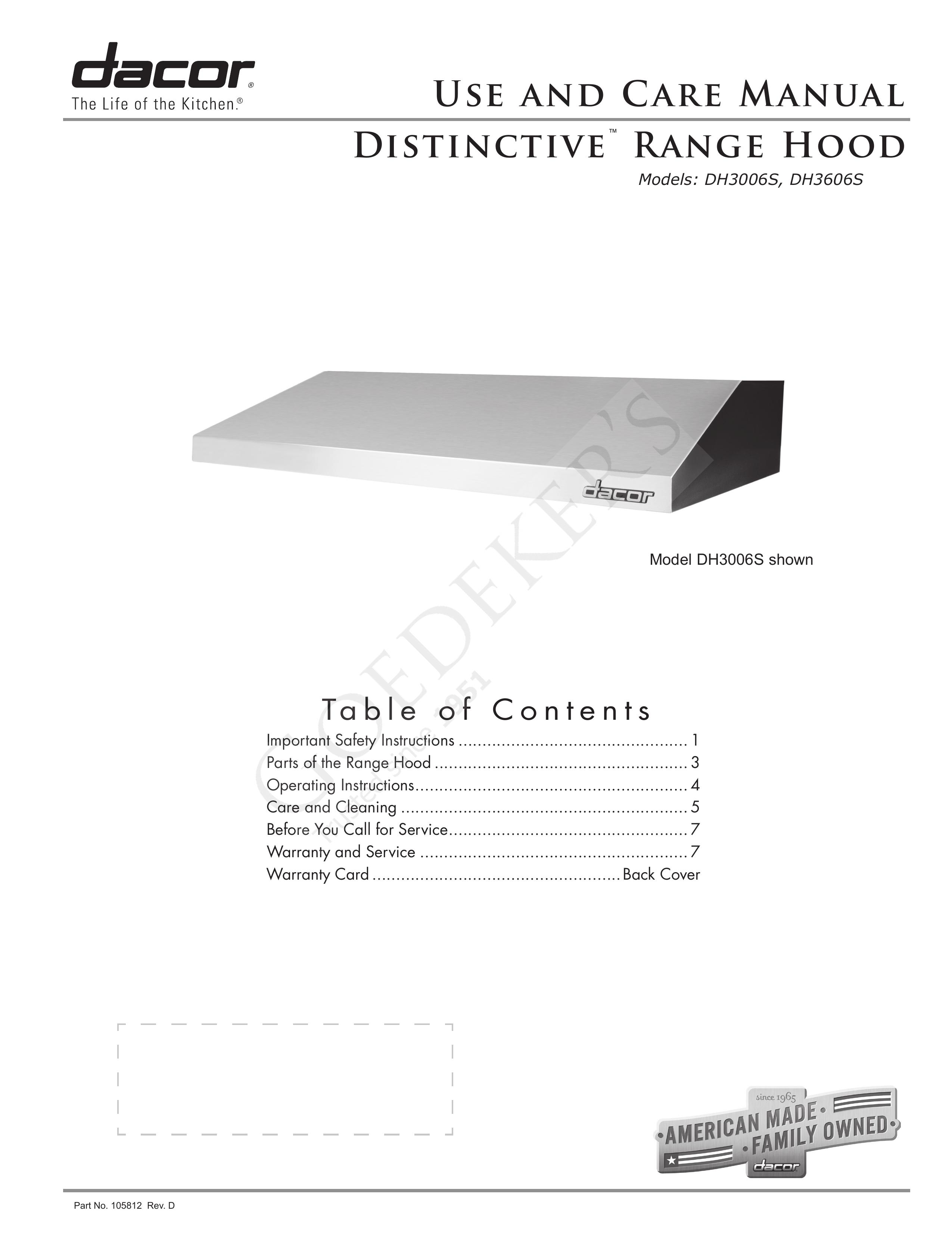 Dacor DH3606S Ventilation Hood User Manual