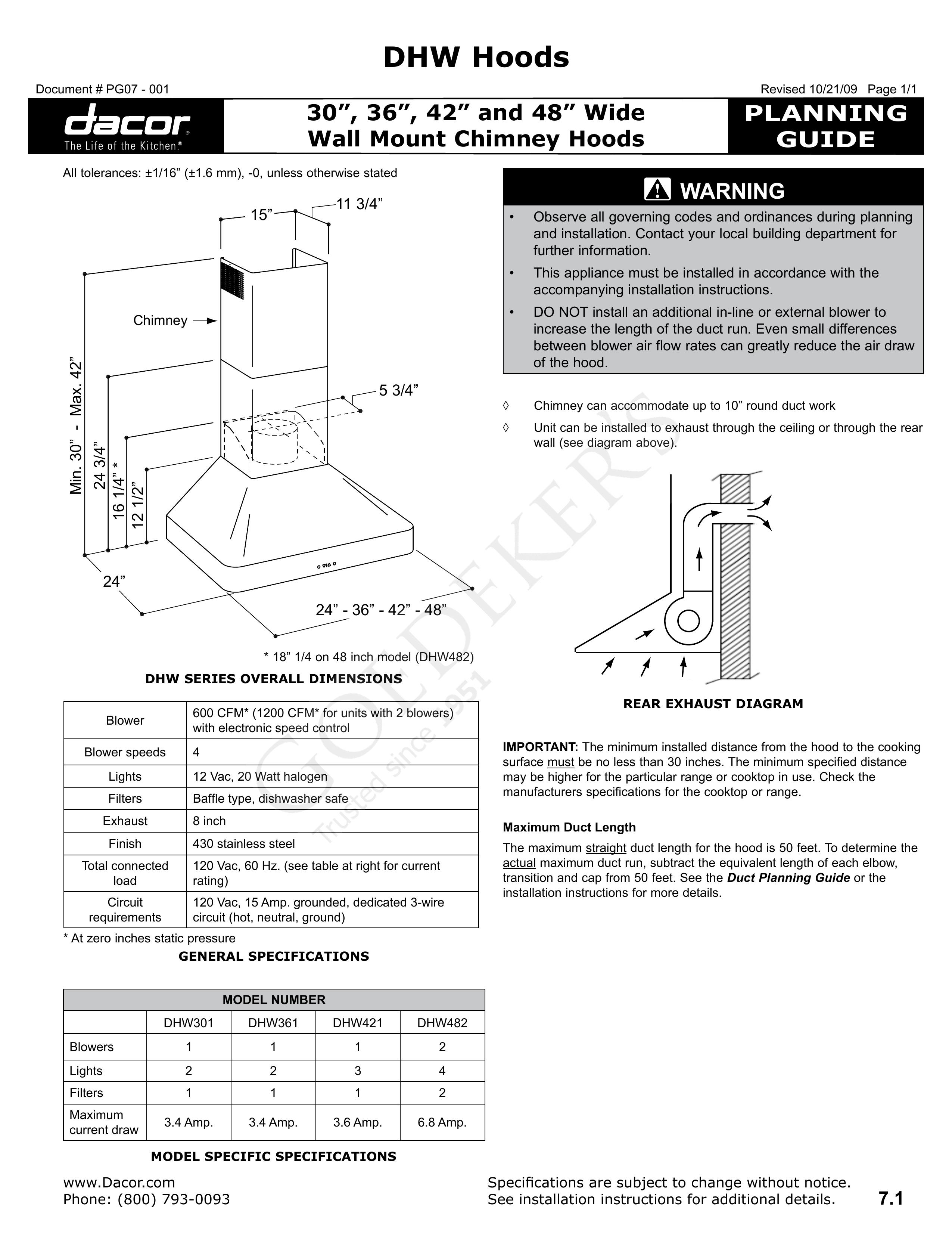Dacor DHW361 Ventilation Hood User Manual