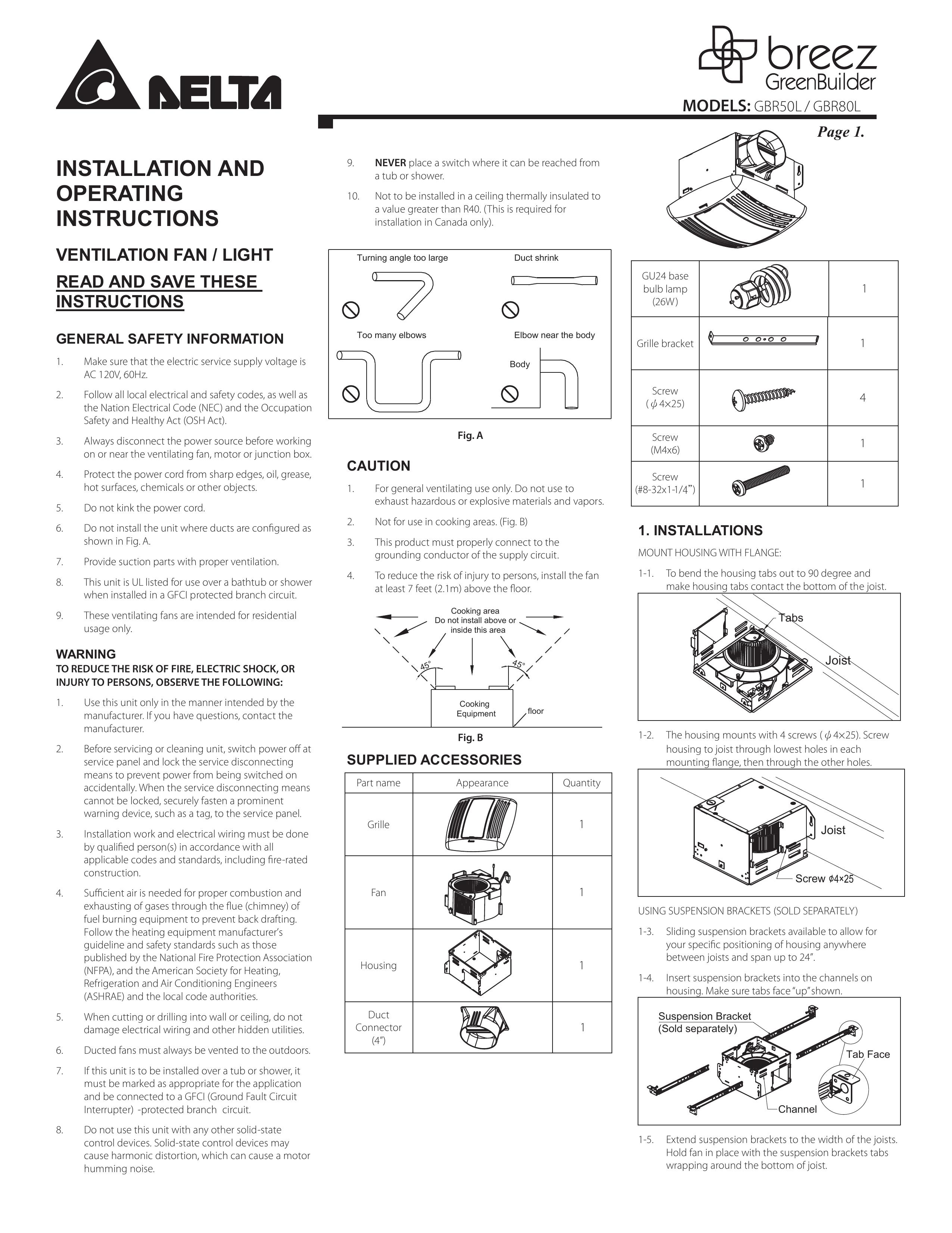 Delta GBR80L Ventilation Hood User Manual