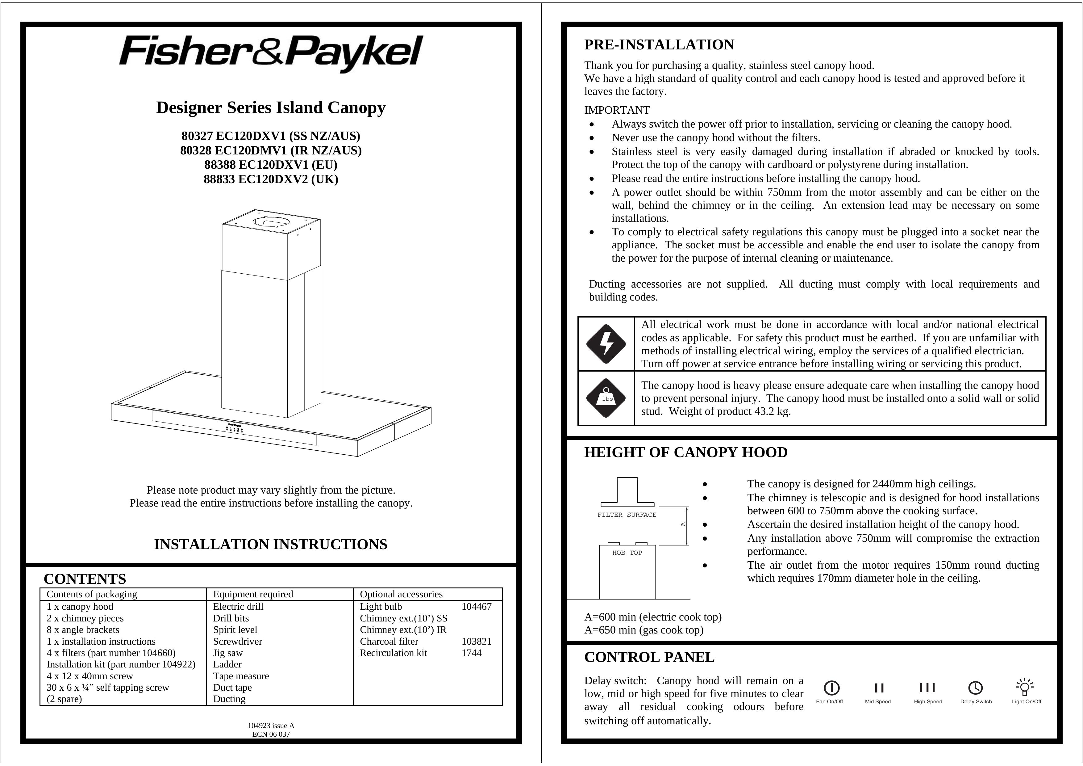 Fisher & Paykel 80327 EC120DXV1 Ventilation Hood User Manual