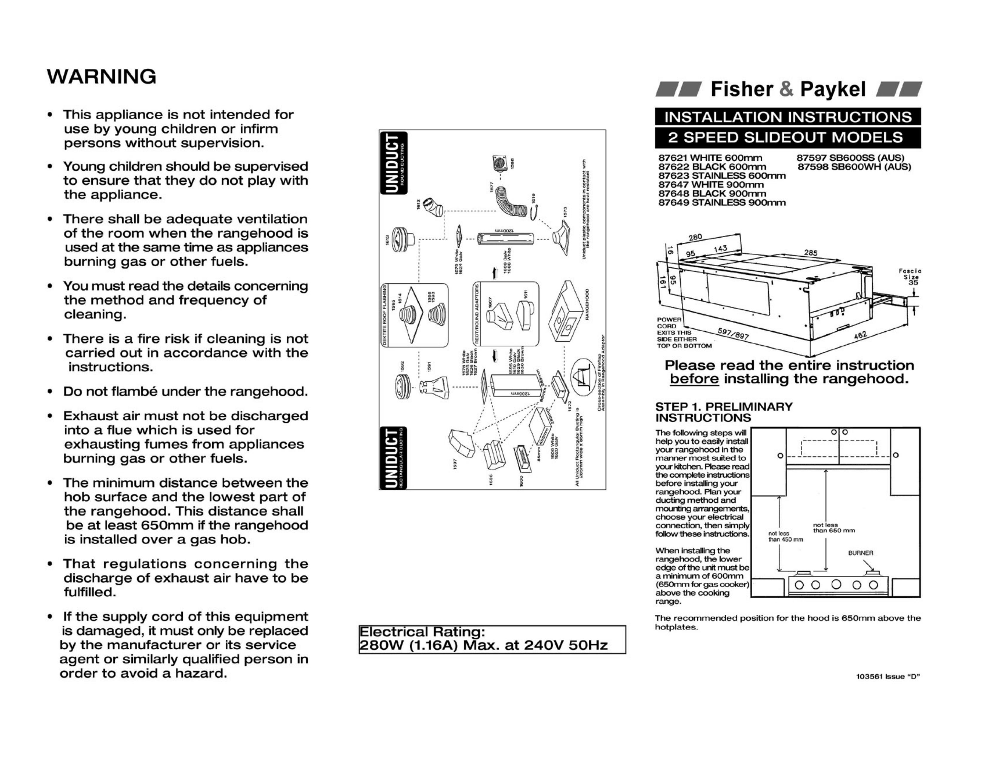 Fisher & Paykel 87597 Ventilation Hood User Manual
