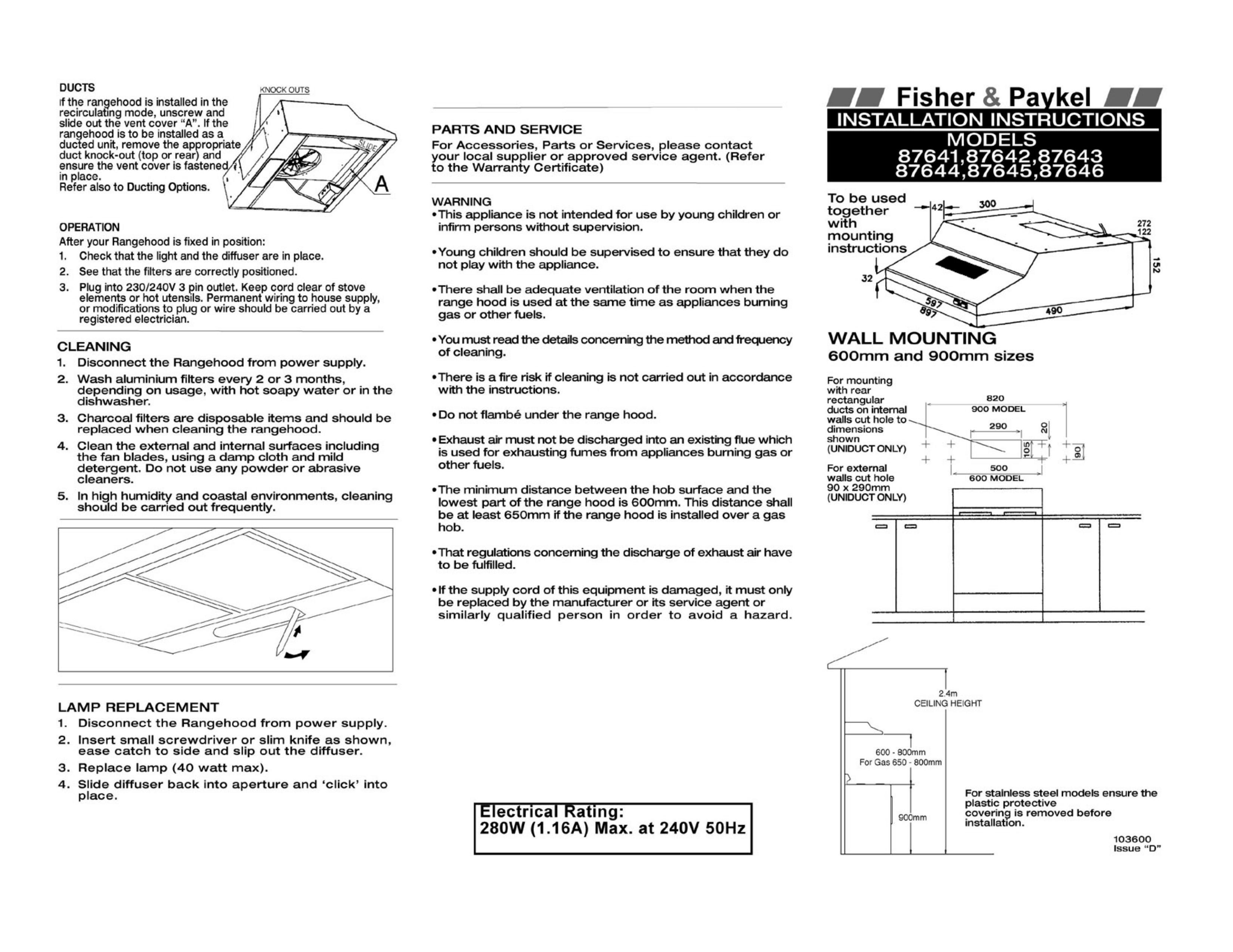 Fisher & Paykel 87641 Ventilation Hood User Manual