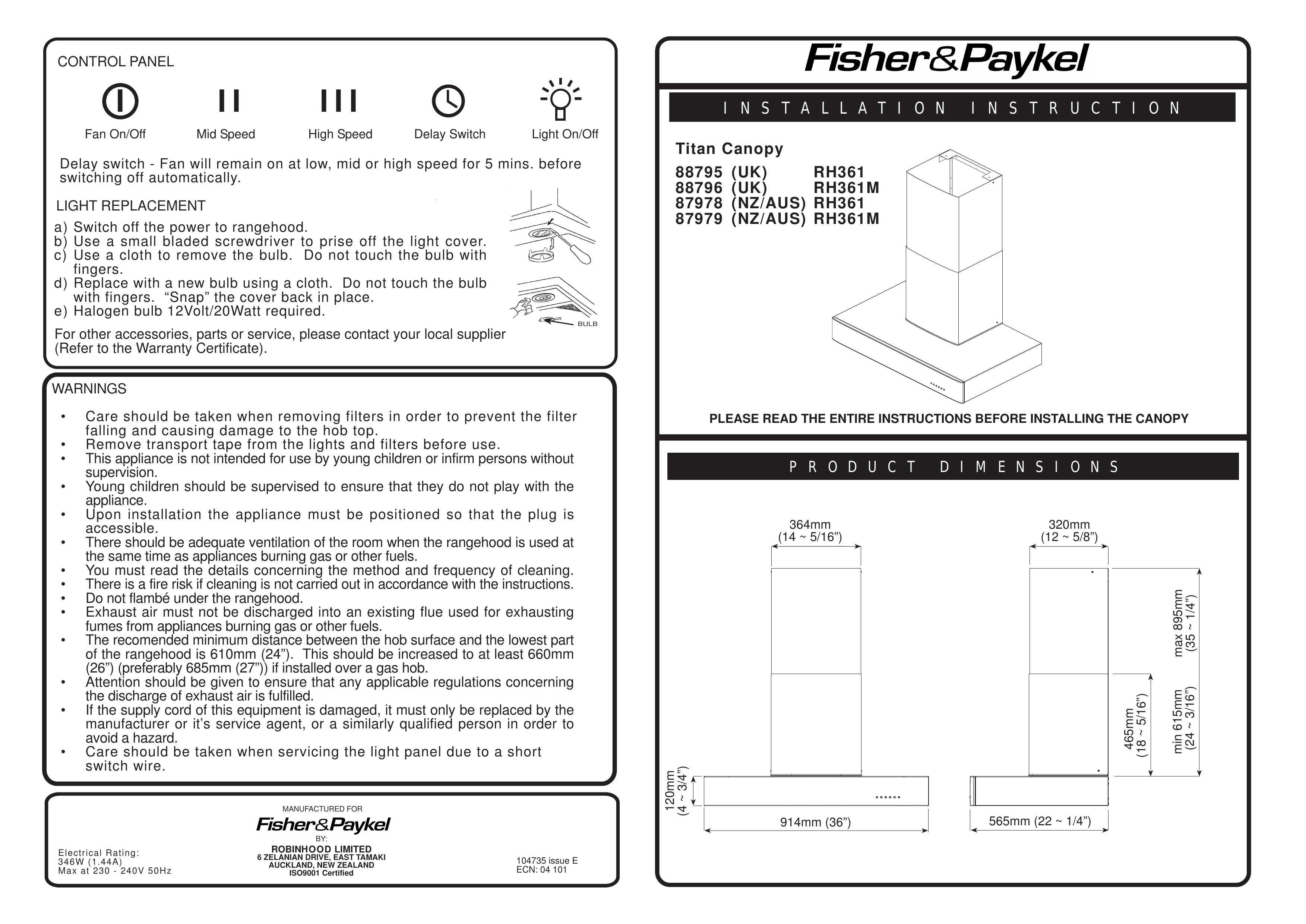 Fisher & Paykel 88795 Ventilation Hood User Manual