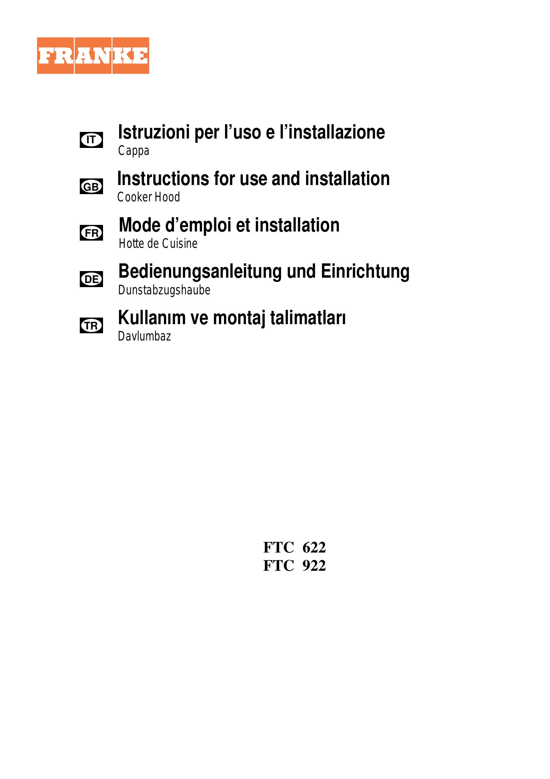Franke Consumer Products FTC 922 Ventilation Hood User Manual
