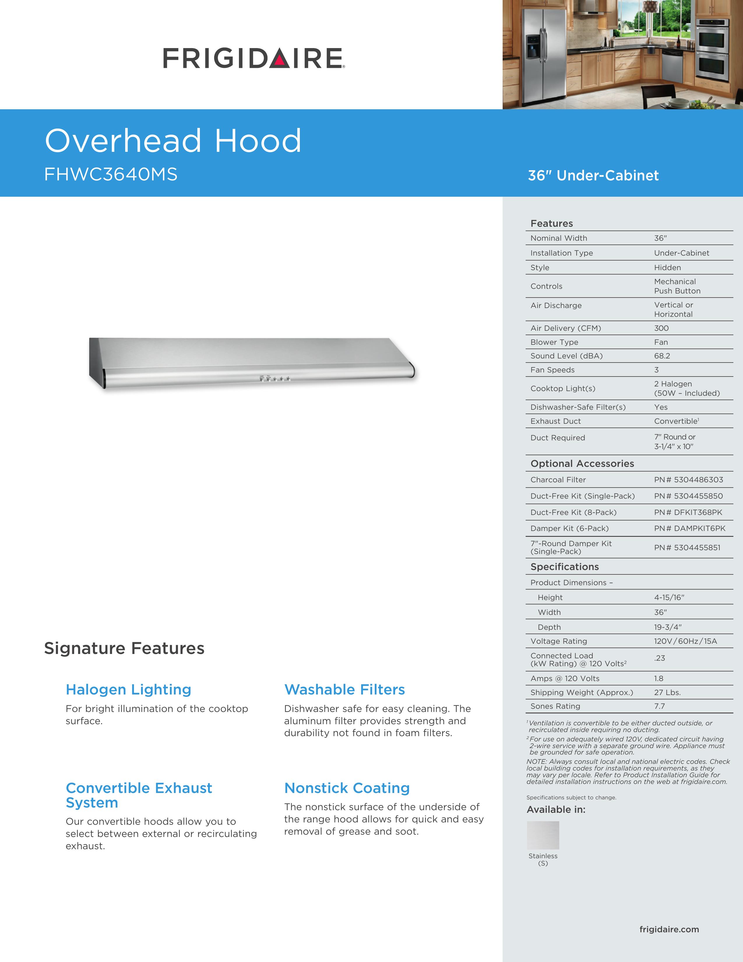 Frigidaire FHWC3640MS Ventilation Hood User Manual