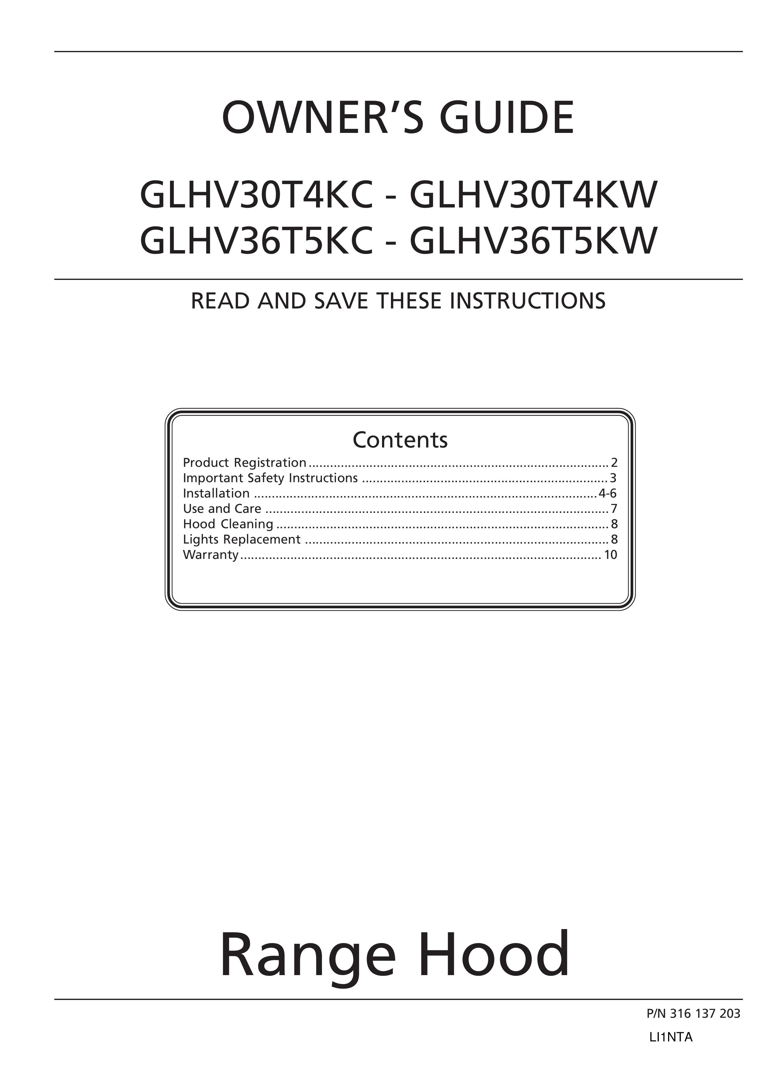 Frigidaire GLHV30T4KC Ventilation Hood User Manual