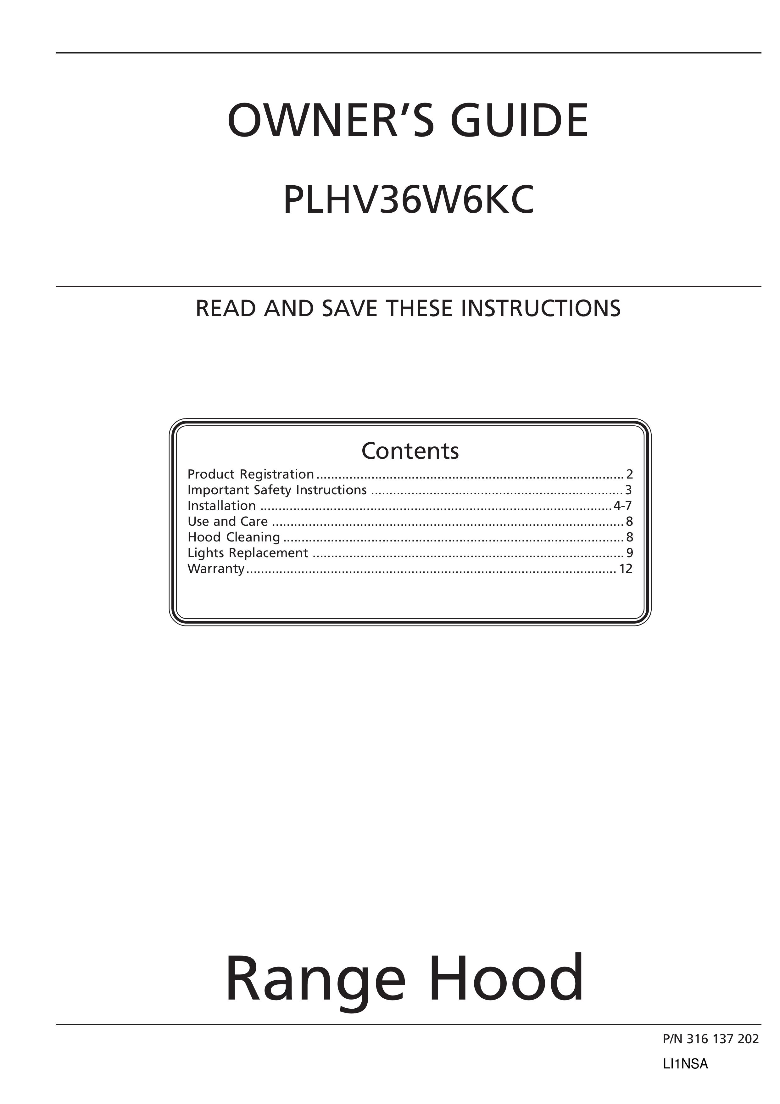 Frigidaire PLHV36W6KC Ventilation Hood User Manual